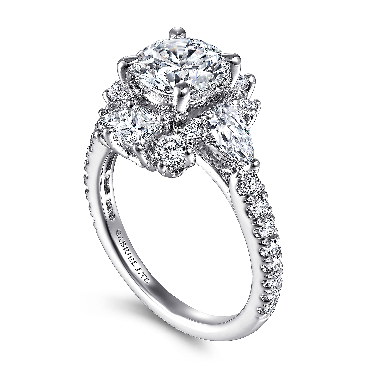 Art Deco 18K White Gold Fancy Three Stone Halo Round Diamond Engagement Ring