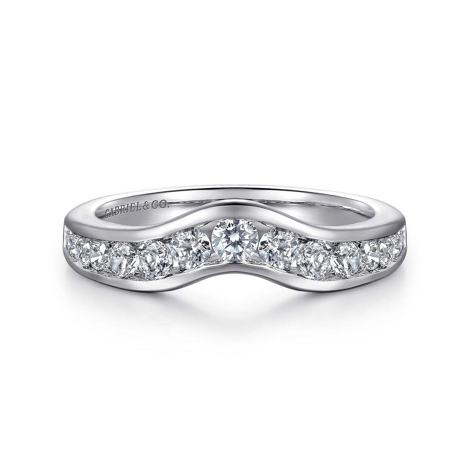 Curved 14K White Gold Channel Set Diamond Wedding Band