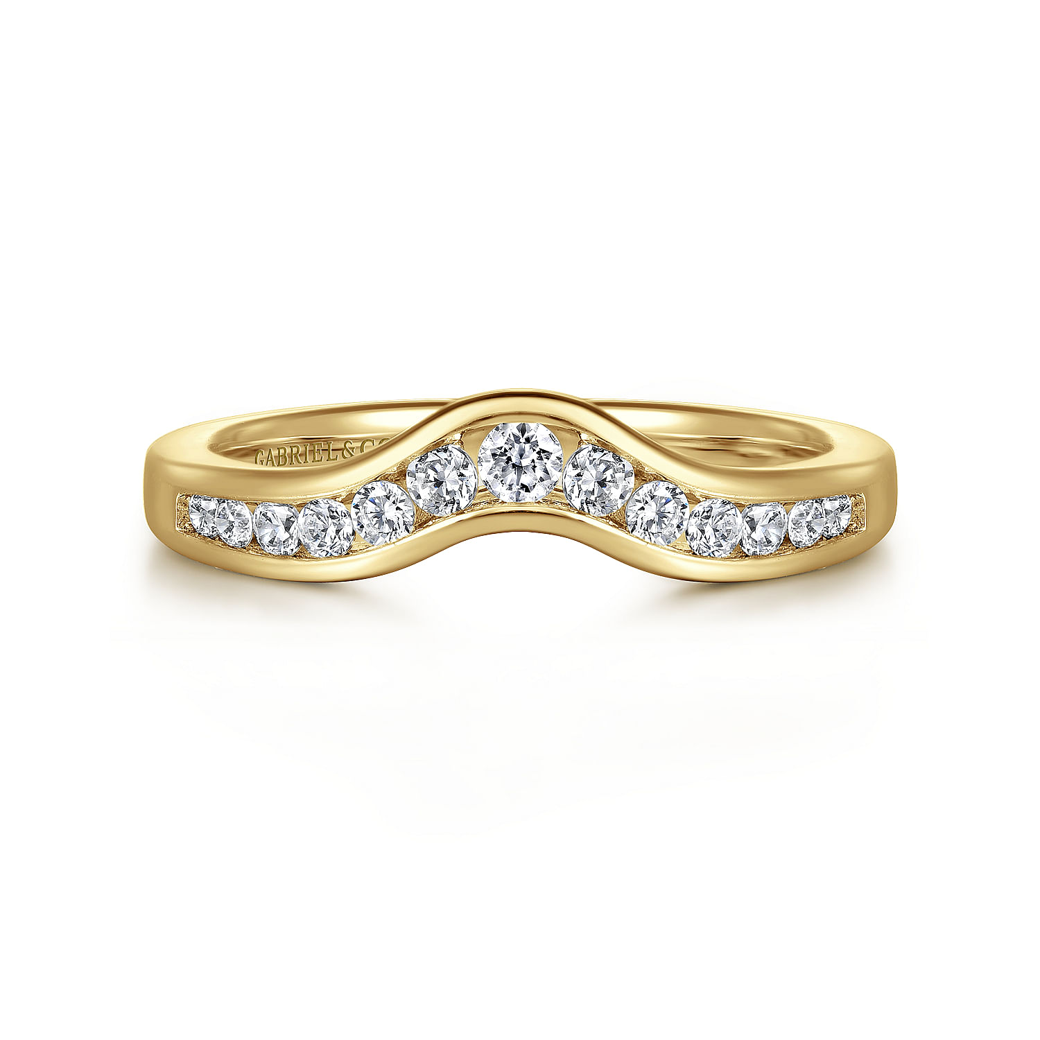 Curved 14K Yellow Gold Channel Set Diamond Wedding Band