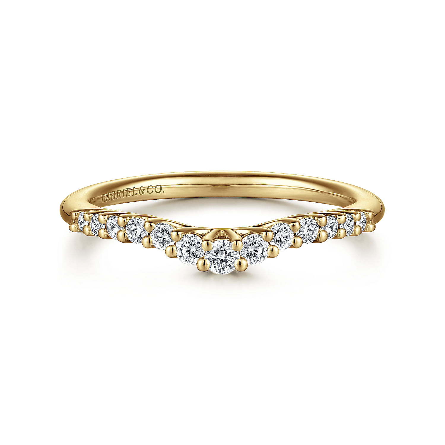 Curved 14K Yellow Gold Shared Prong Diamond Wedding Band