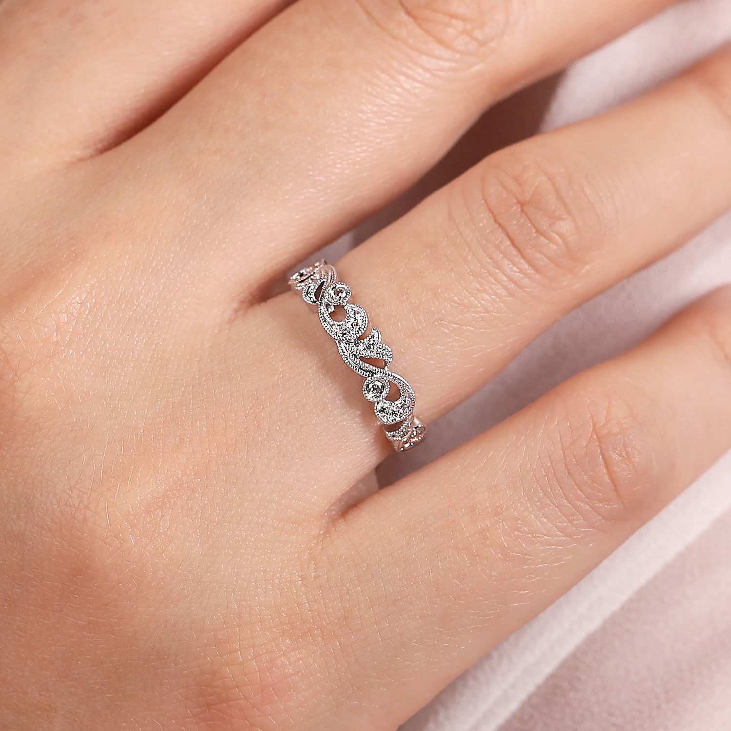 Floral 14K White Gold Diamond Anniversary Band with Millgrain