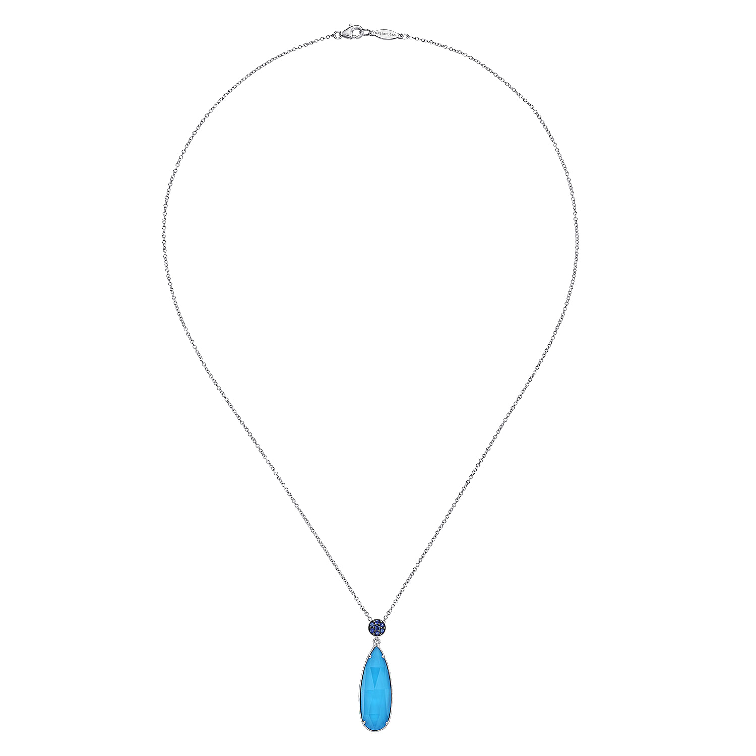 Long 925 Sterling Silver Rock Crystal/Turquoise Teardrop Pendant with Sapphire