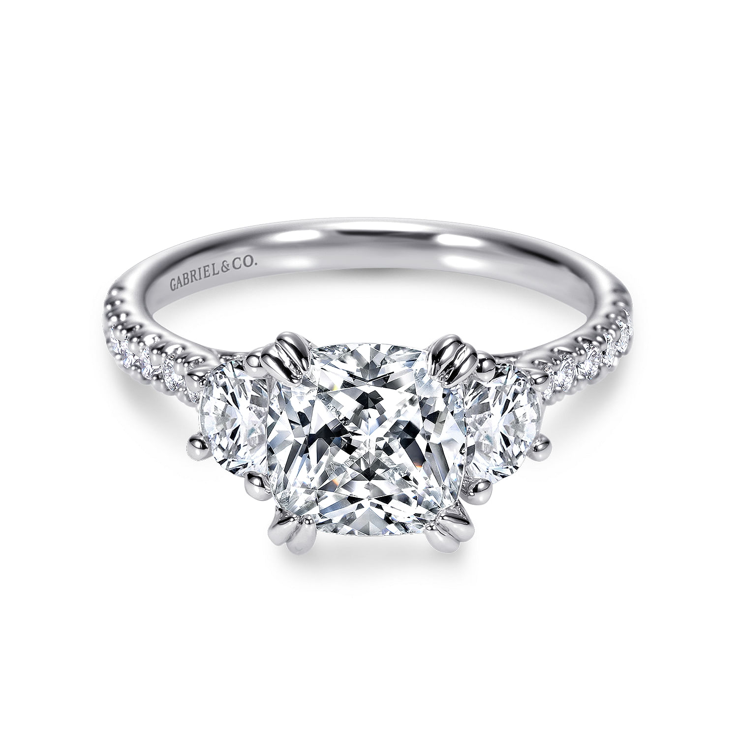 Platinum Cushion Cut Three Stone Diamond Engagement Ring