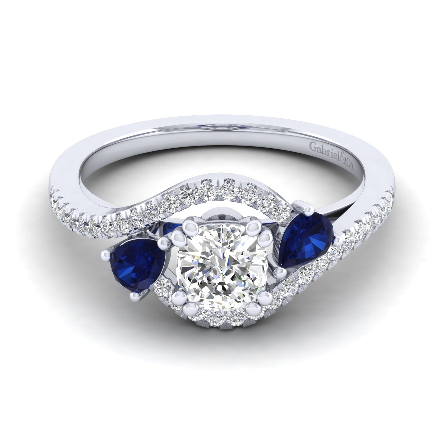 Platinum Cushion Cut Three Stone Sapphire and Diamond Engagement Ring