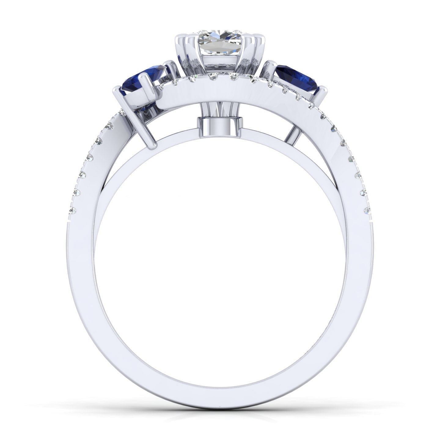 Platinum Cushion Cut Three Stone Sapphire and Diamond Engagement Ring