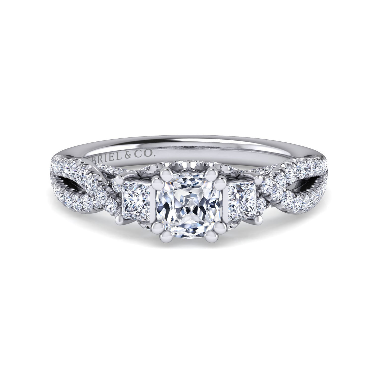 Platinum Cushion Cut Three Stone Twisted Diamond Engagement Ring