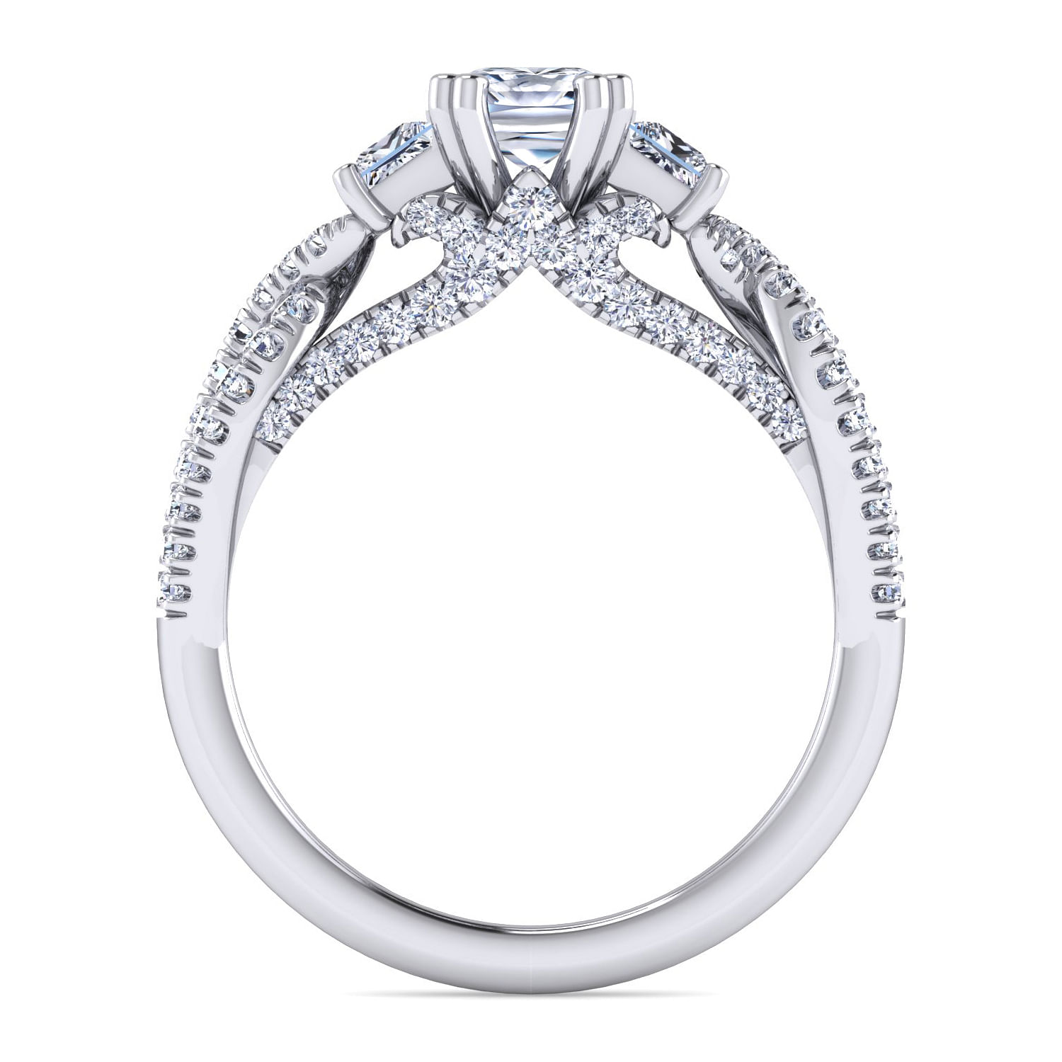 Platinum Cushion Cut Three Stone Twisted Diamond Engagement Ring