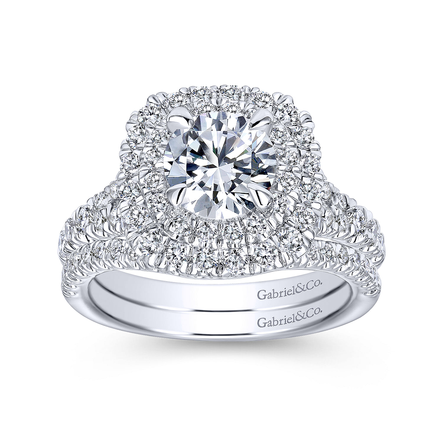 Platinum Cushion Double Halo Round Diamond Engagement Ring