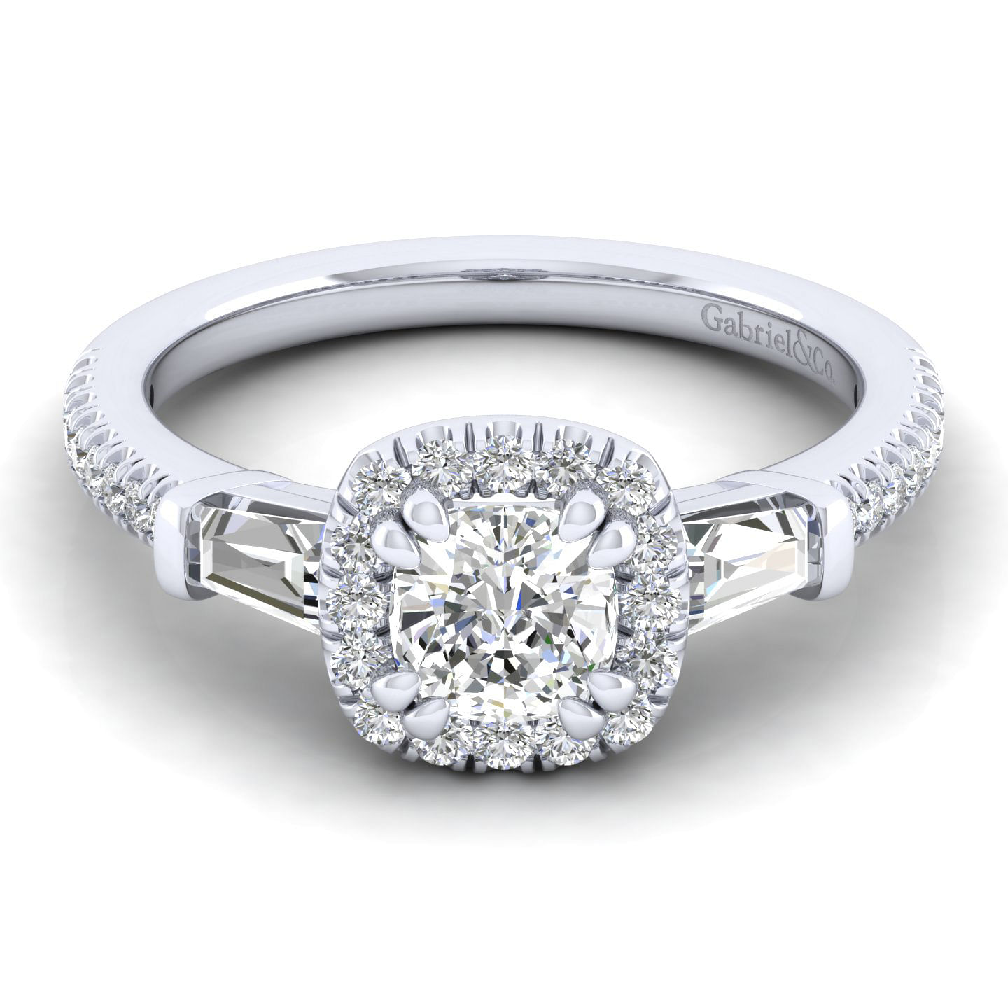 Platinum Cushion Three Stone Halo Diamond Engagement Ring