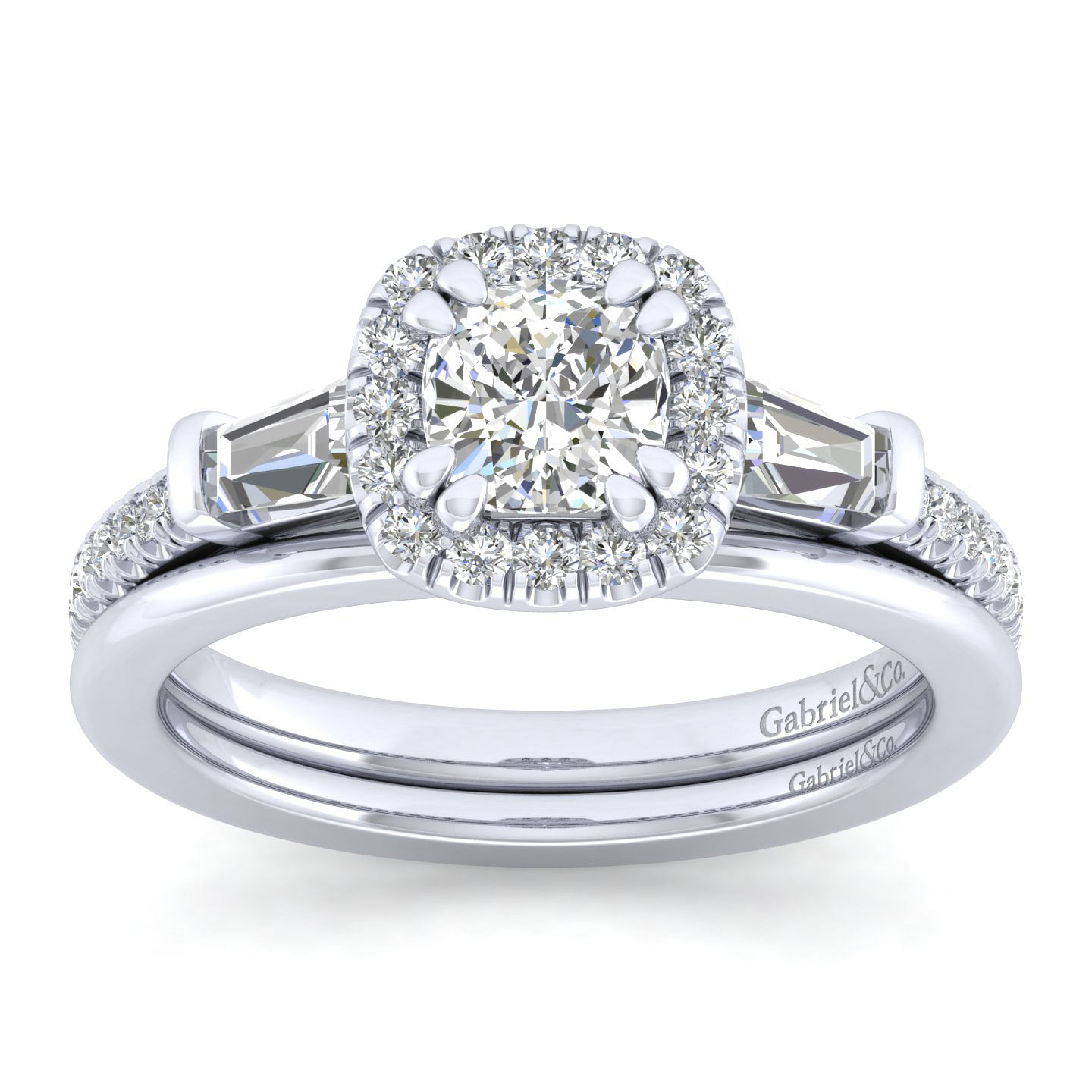 Platinum Cushion Three Stone Halo Diamond Engagement Ring