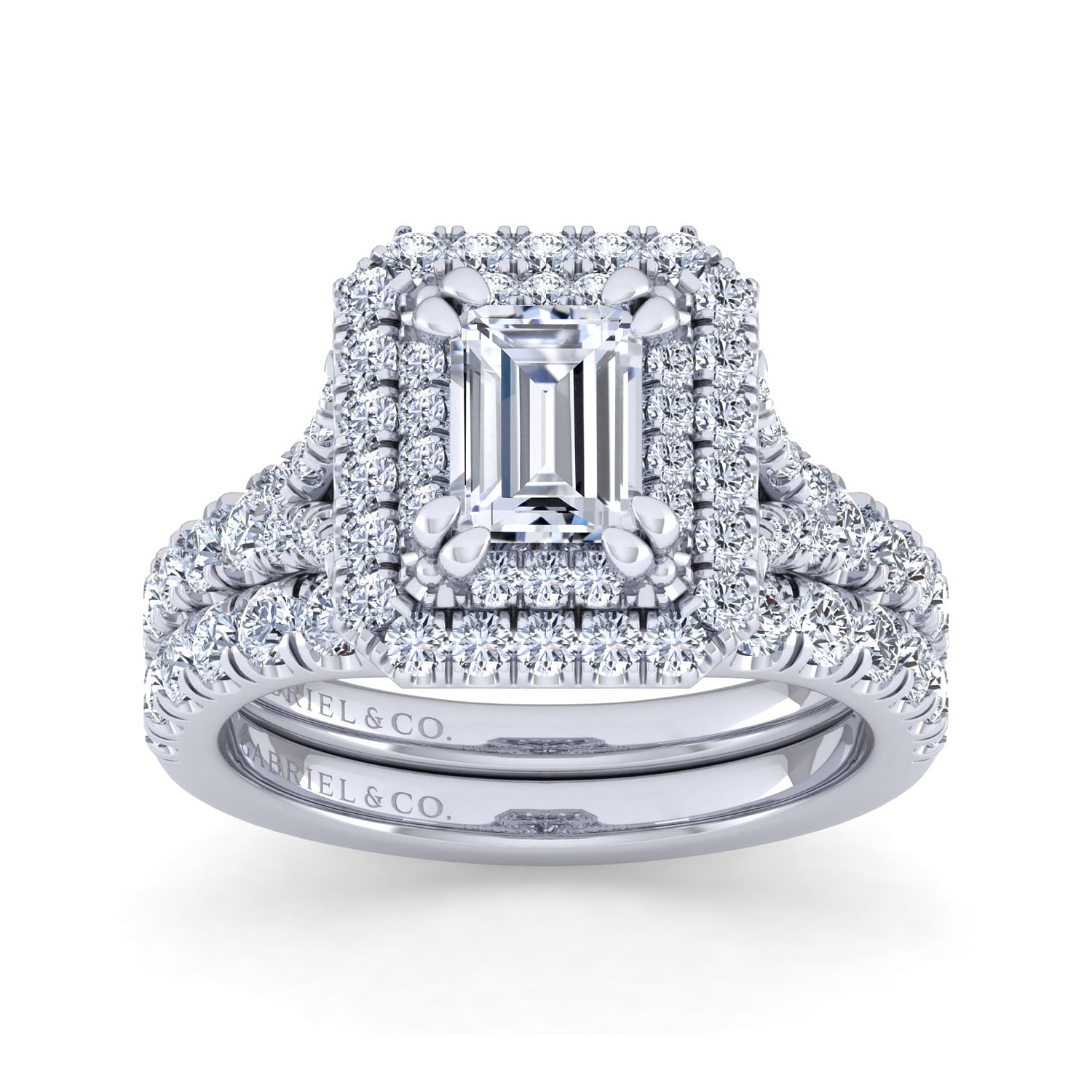 Platinum Double Halo Emerald Cut Diamond Engagement Ring