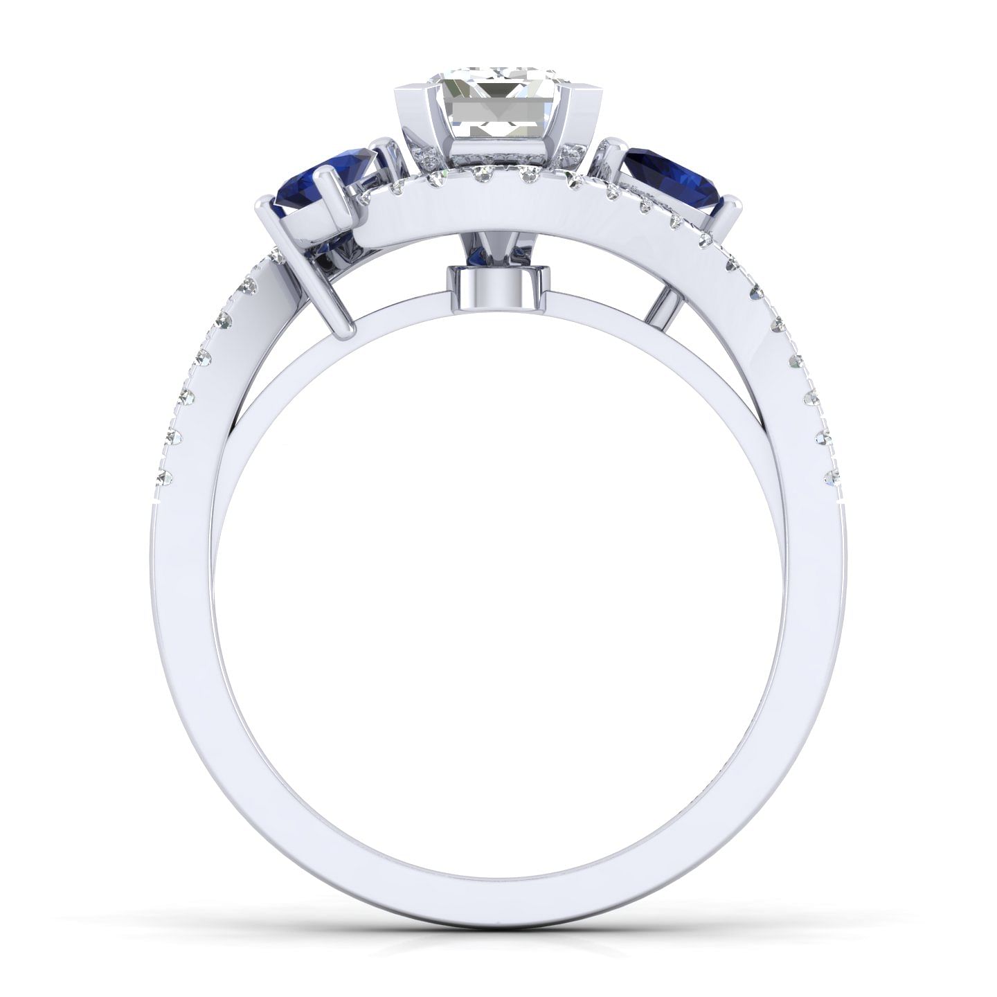 Platinum Emerald Cut Three Stone Sapphire and Diamond Engagement Ring