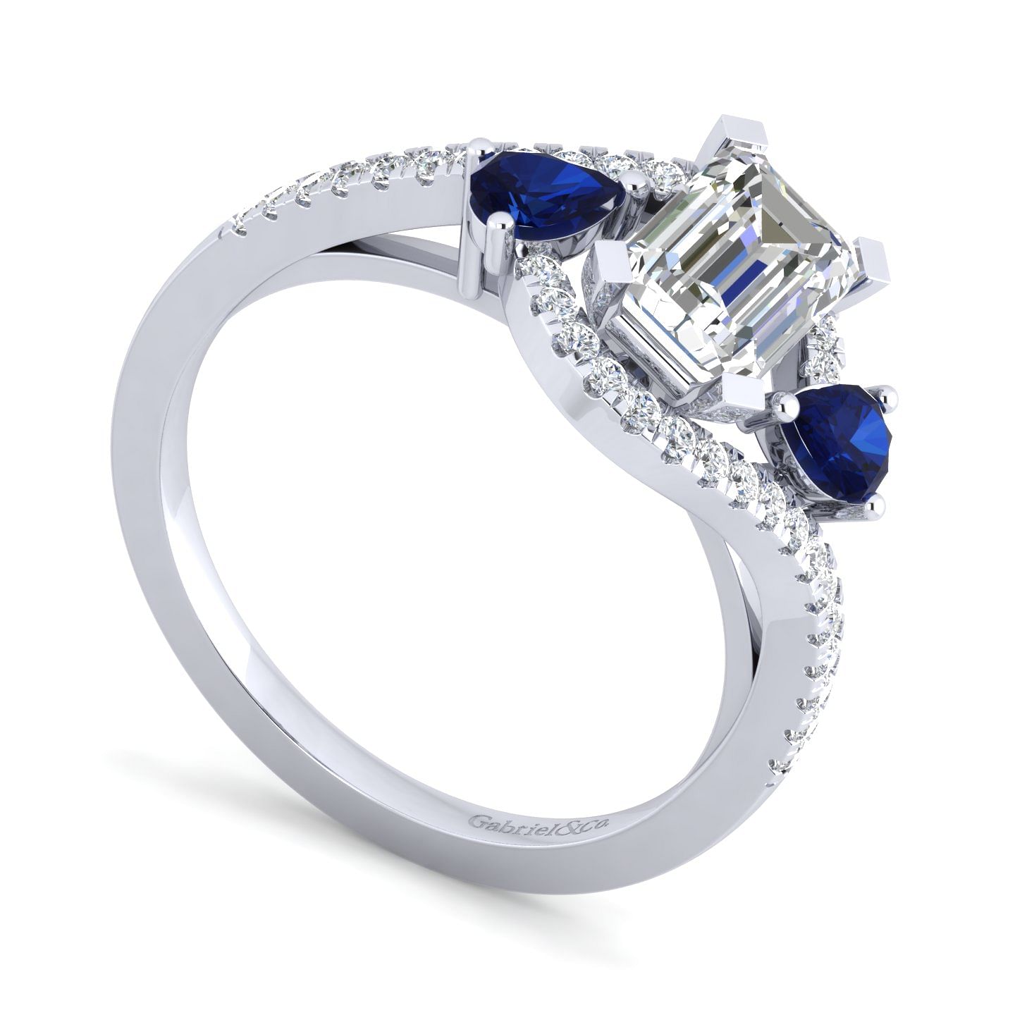 Platinum Emerald Cut Three Stone Sapphire and Diamond Engagement Ring