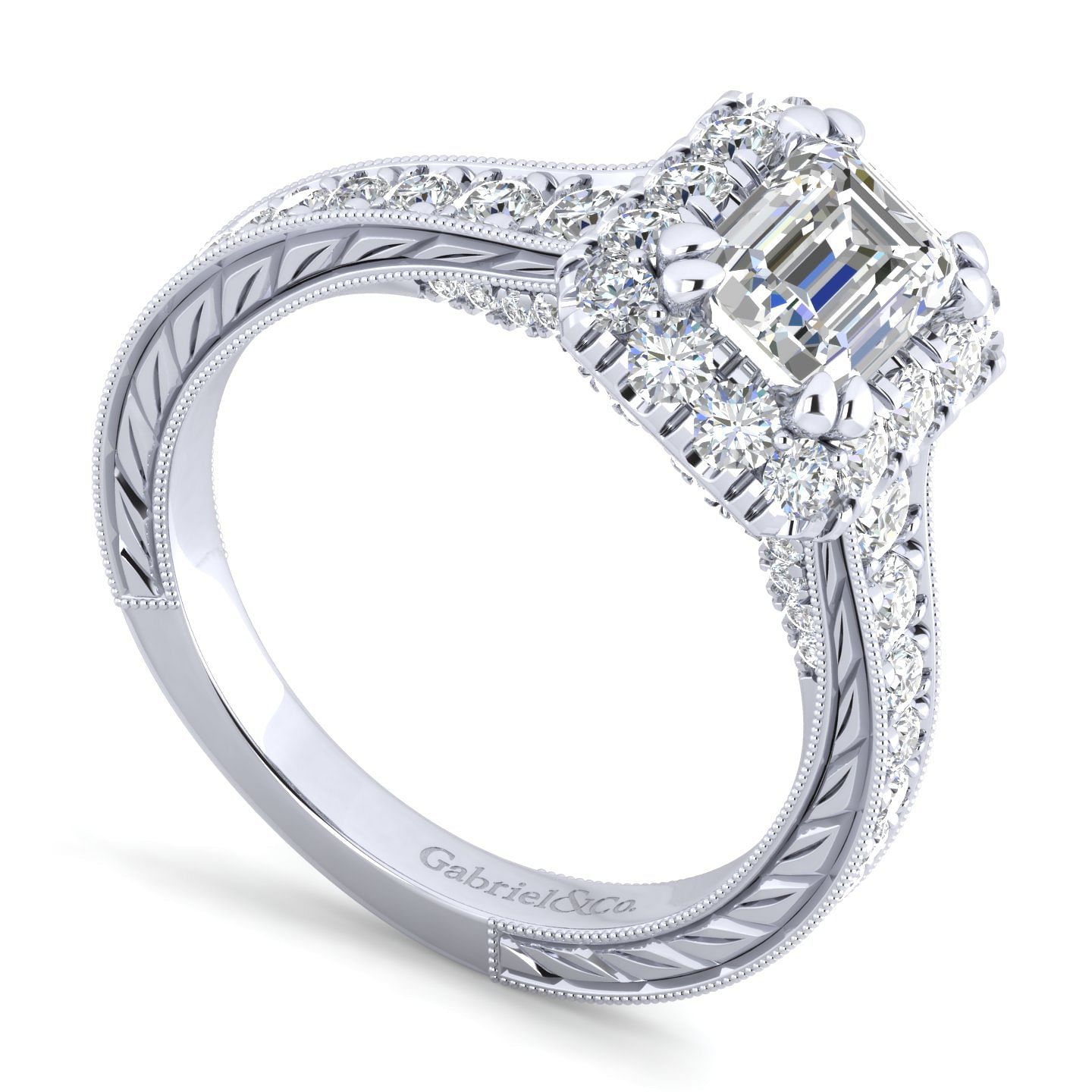 Platinum Halo Emerald Cut Diamond Engagement Ring