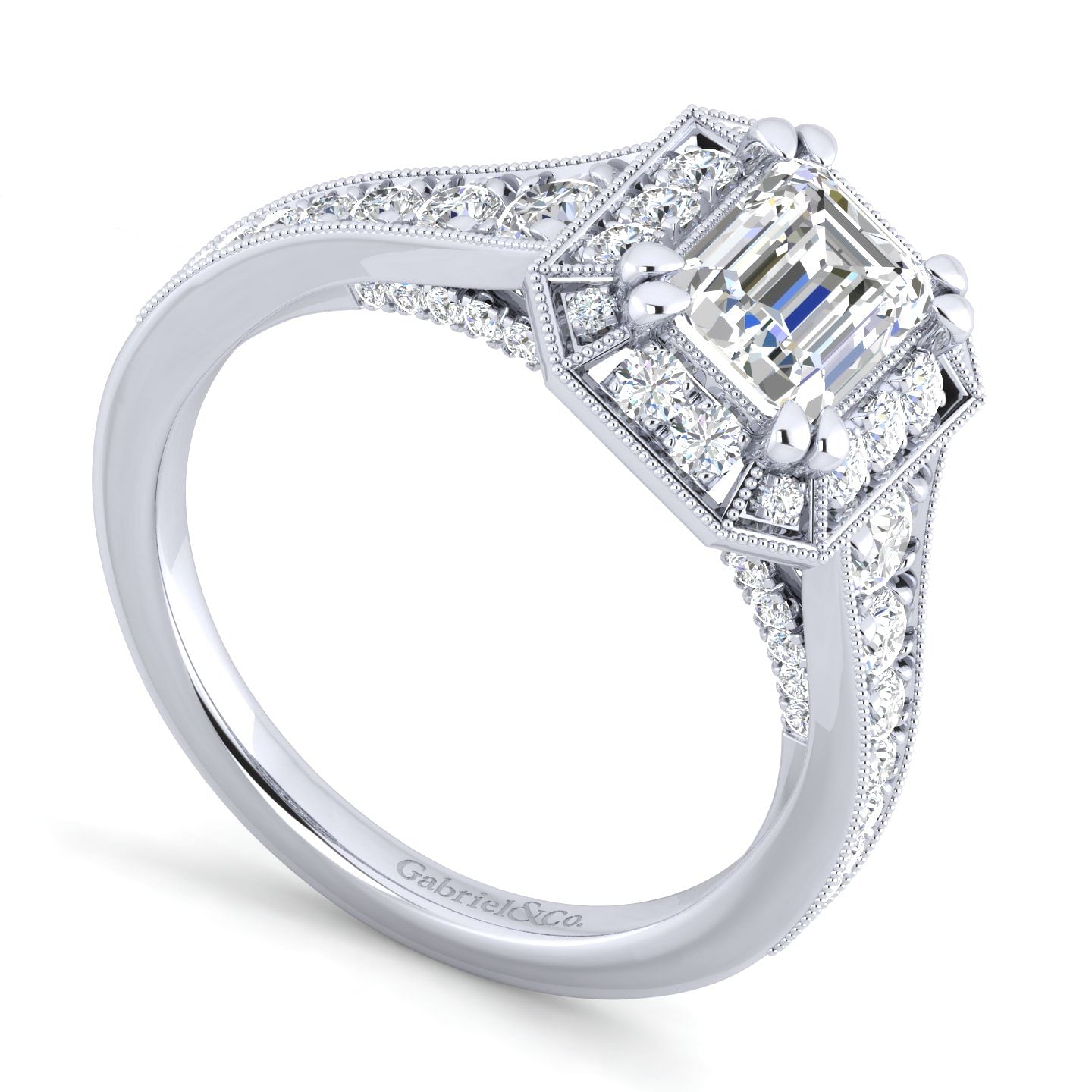 Platinum Halo Emerald Cut Diamond Engagement Ring