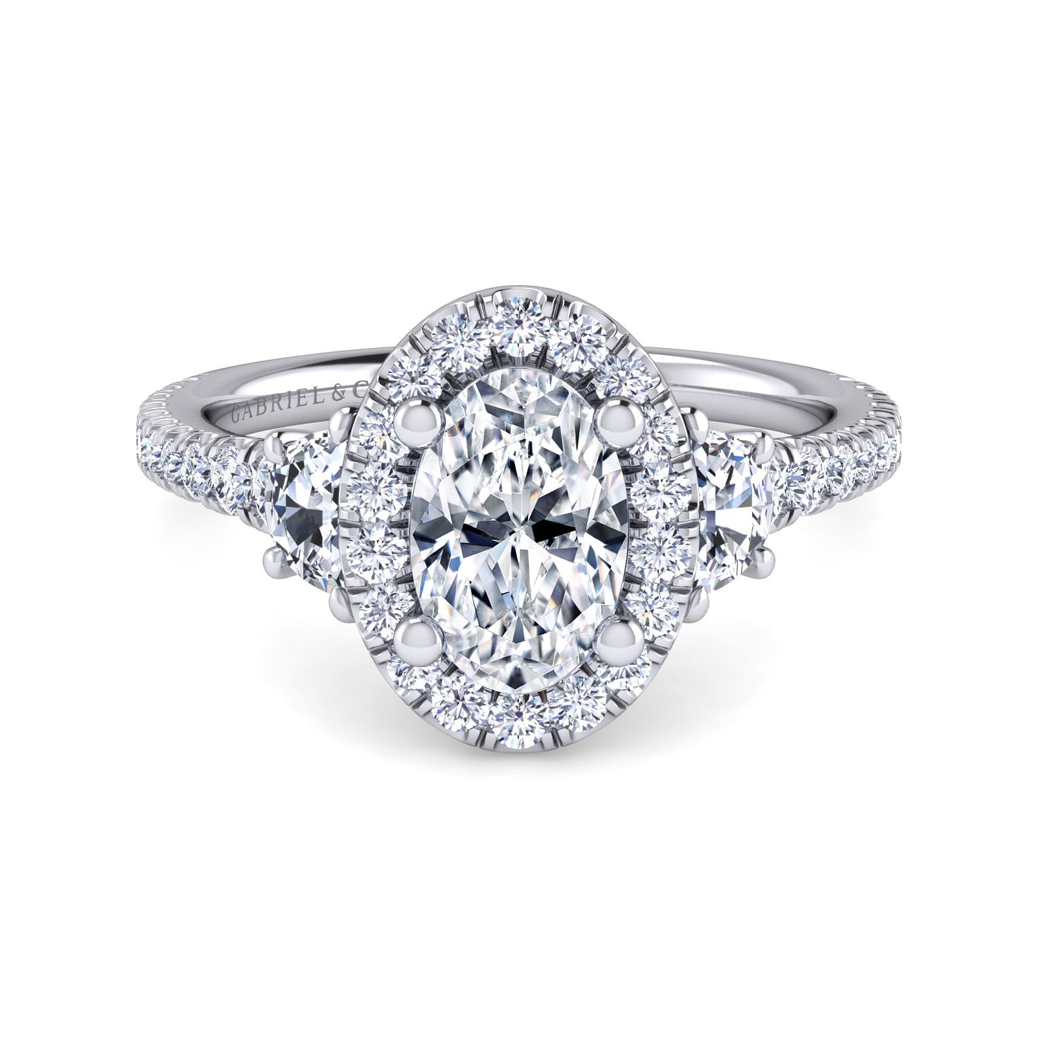 Platinum Oval Three Stone Halo Diamond Engagement Ring