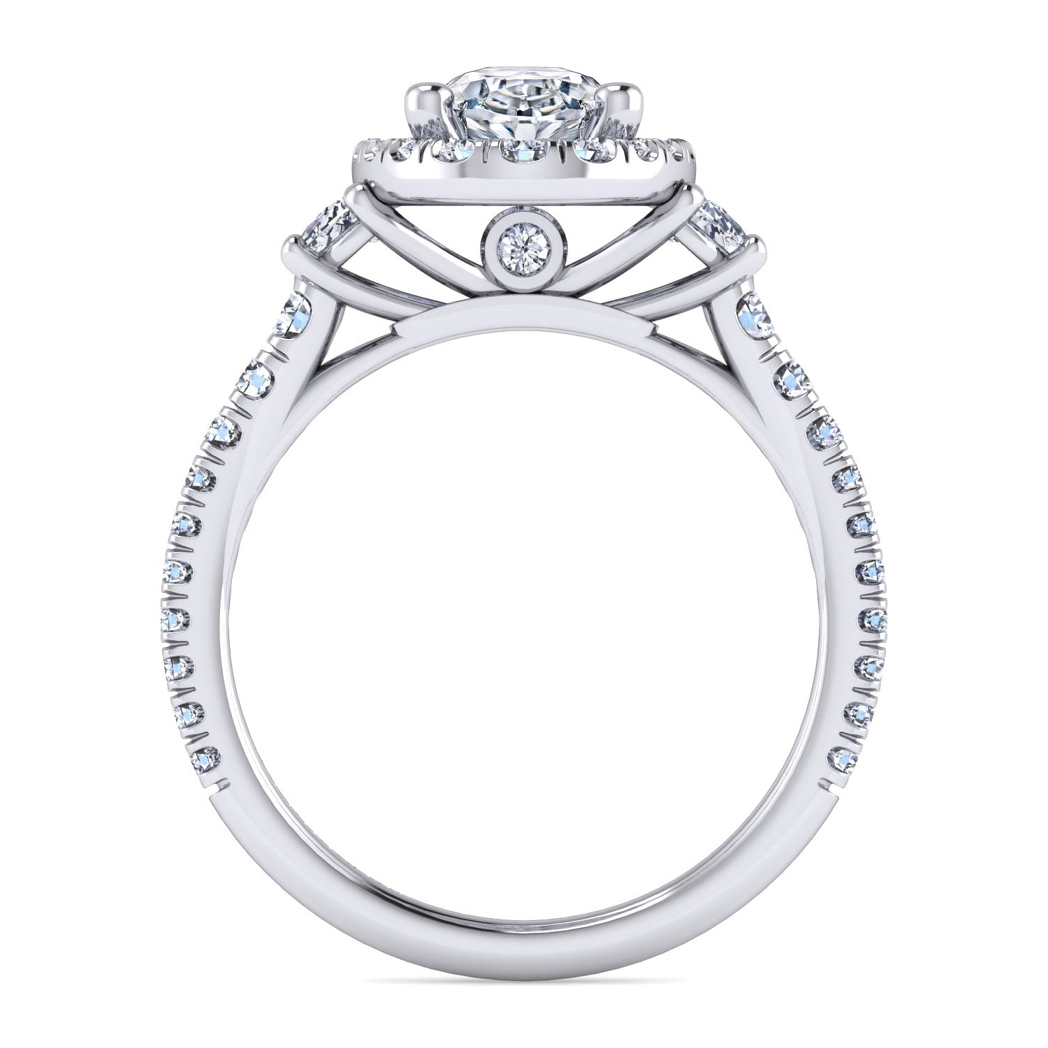 Platinum Oval Three Stone Halo Diamond Engagement Ring