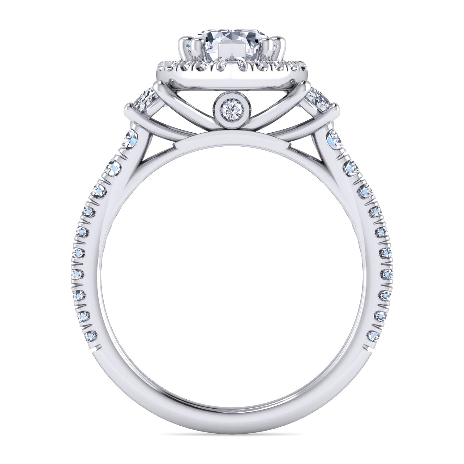 Platinum Pear Shape Three Stone Halo Diamond Engagement Ring