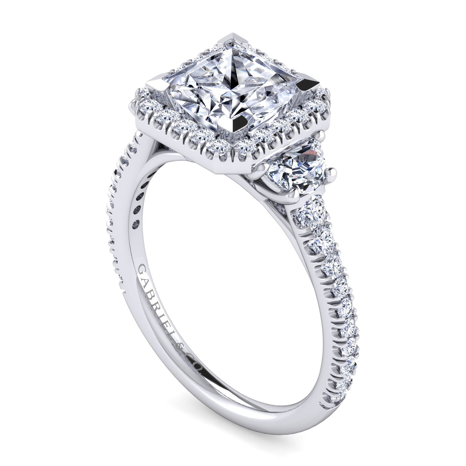 Platinum Princess Cut Three Stone Halo Diamond Engagement Ring