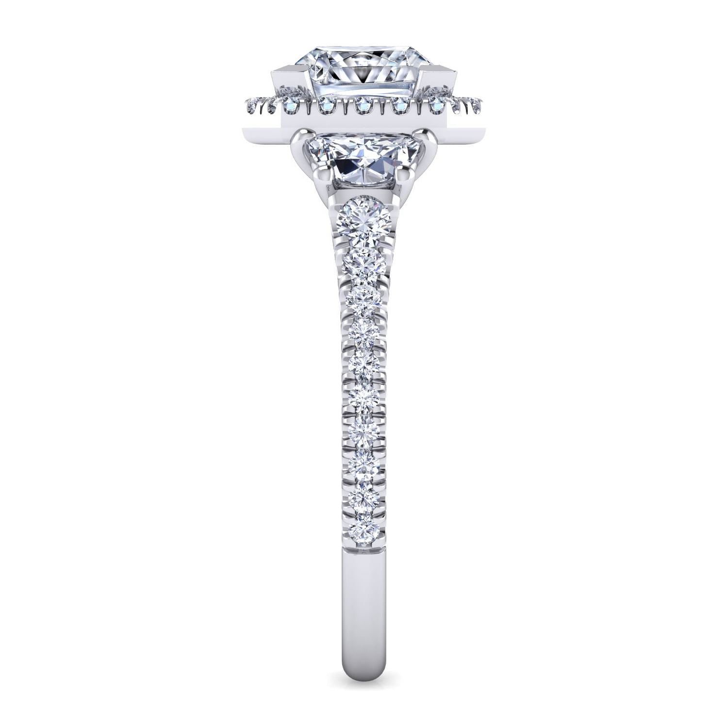 Platinum Princess Cut Three Stone Halo Diamond Engagement Ring