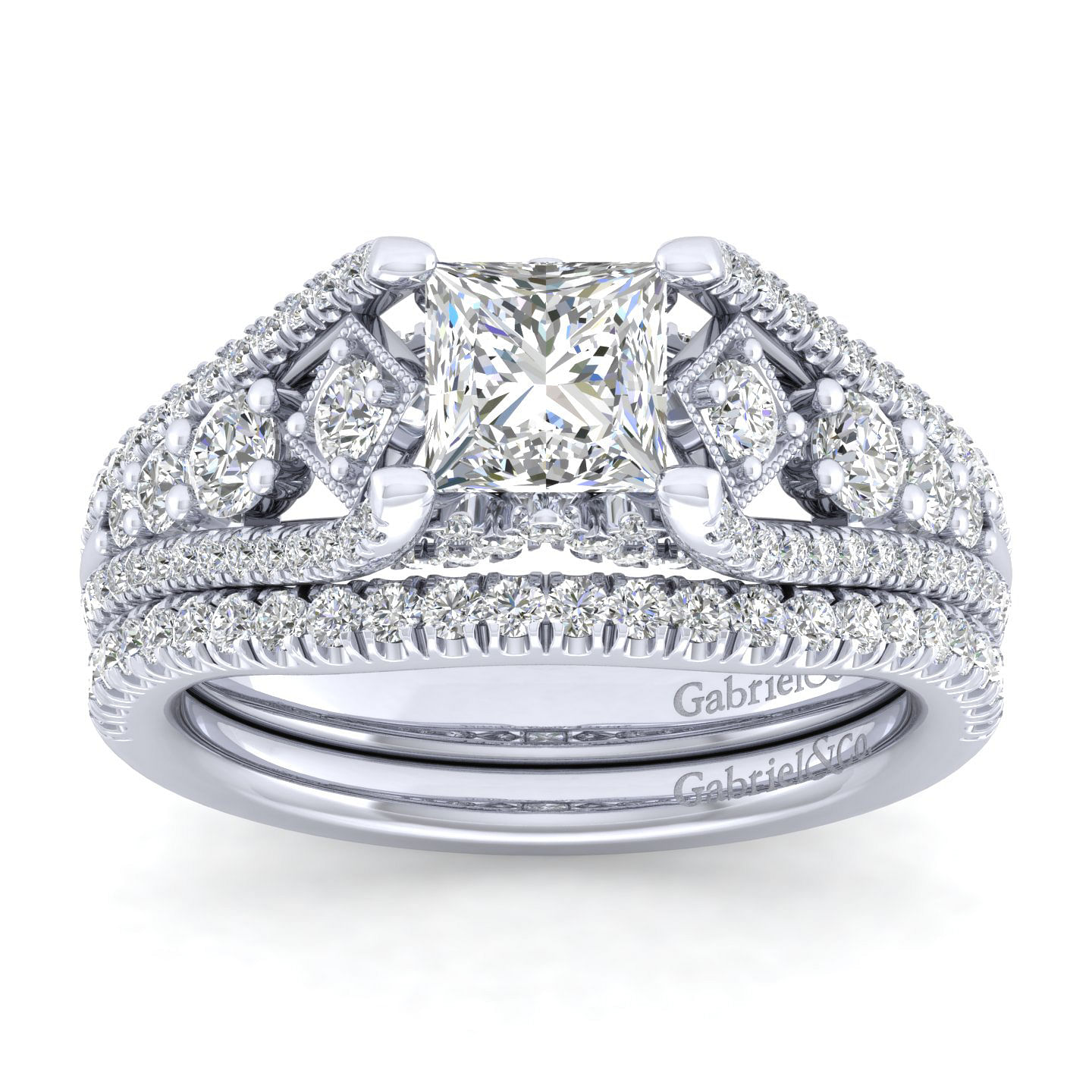 Platinum Princess Cut Wide Band Diamond Engagement Ring