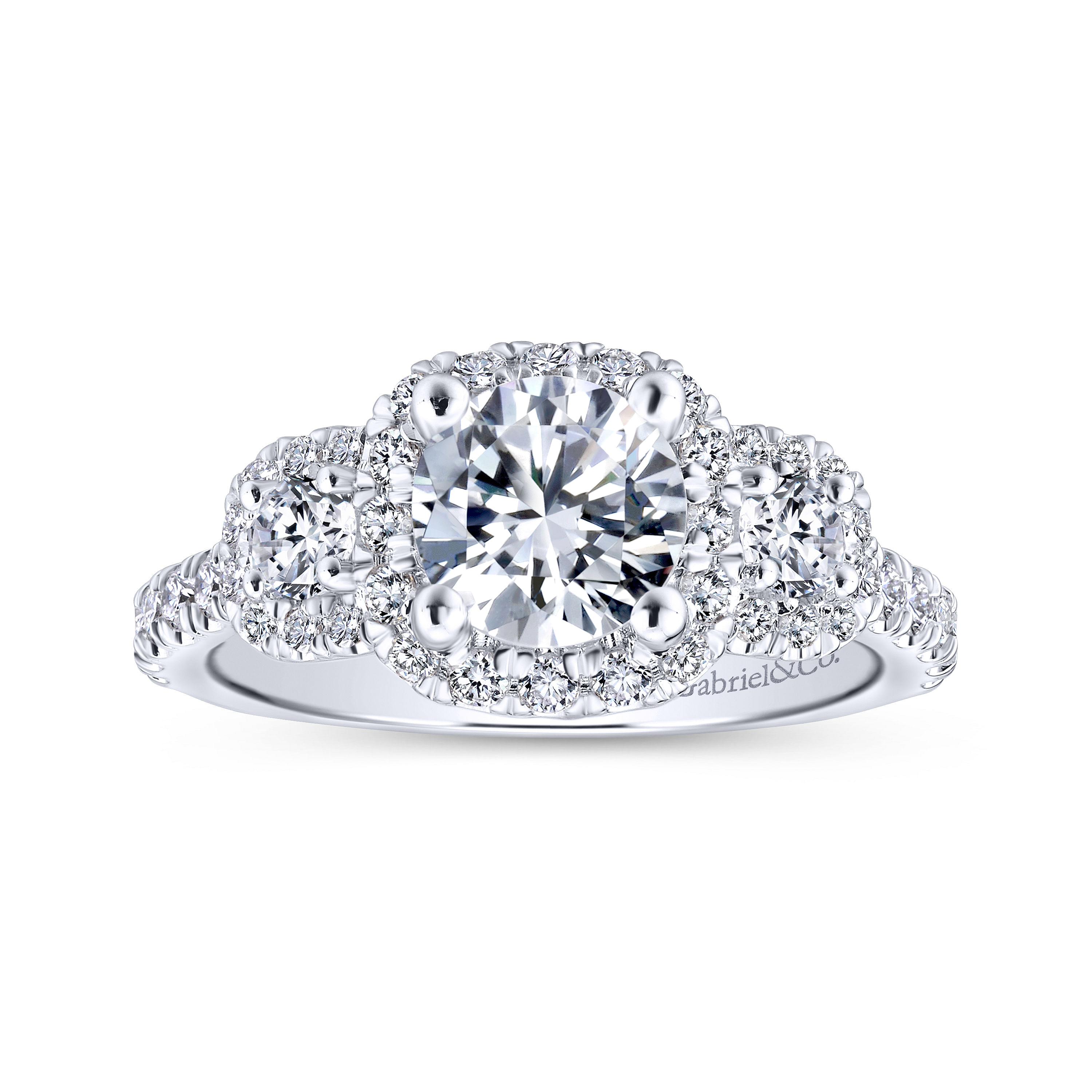 Platinum Round Three Stone Halo Diamond Engagement Ring