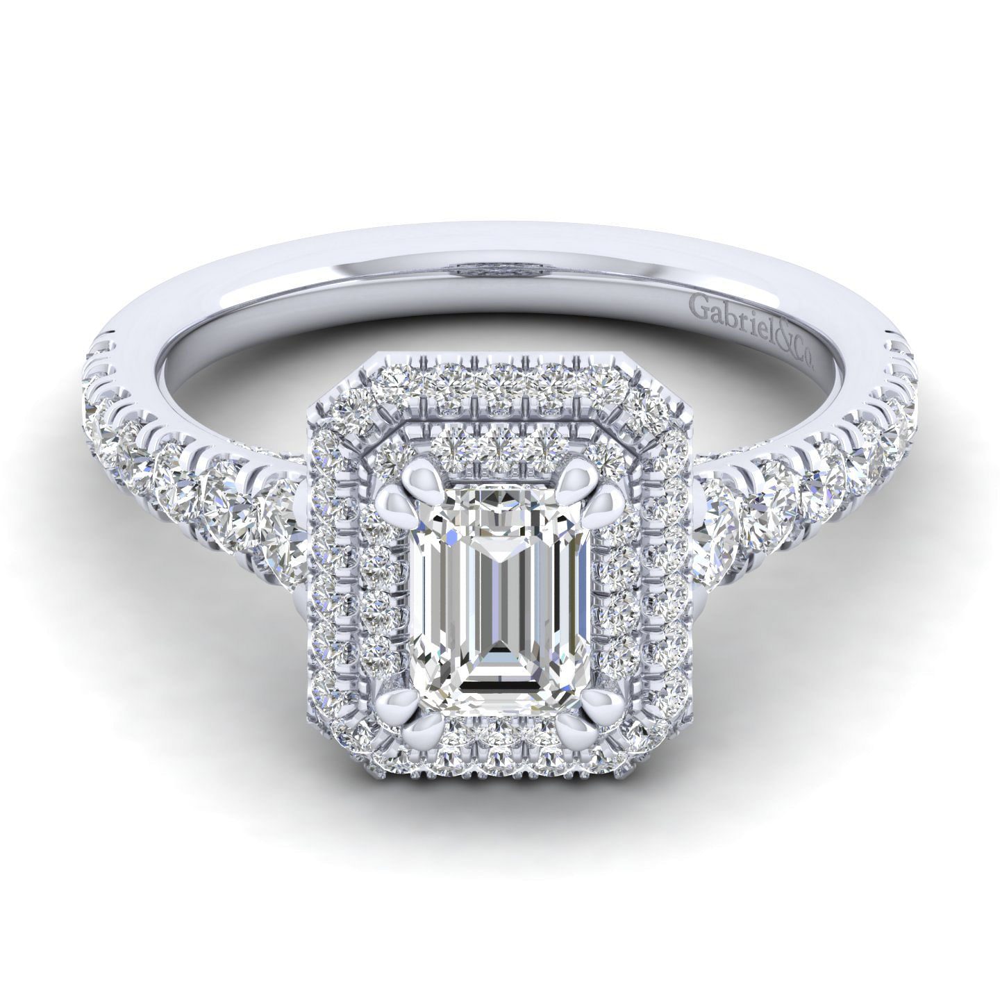 Platinum Three Stone Halo Emerald Cut Diamond Engagement Ring
