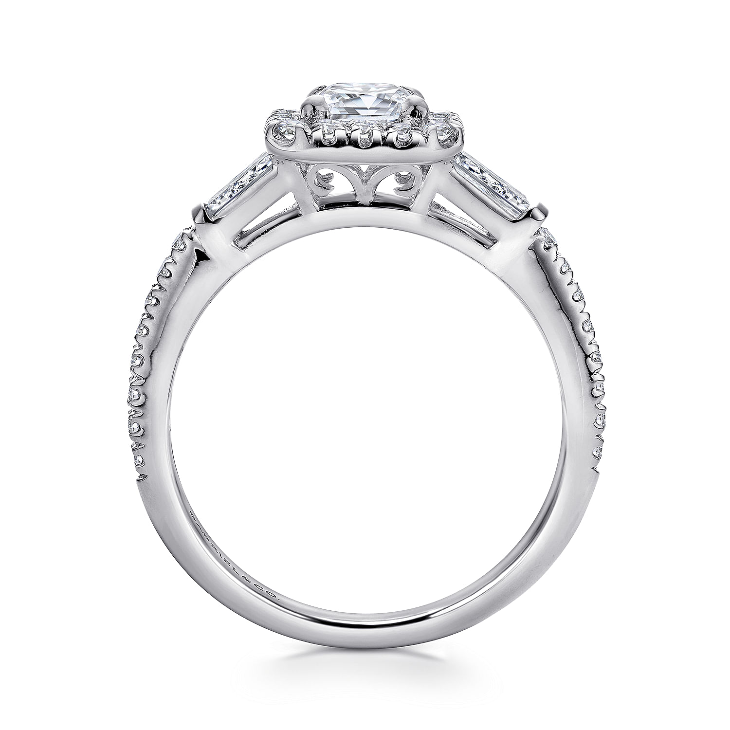 Platinum Three Stone Halo Emerald Cut Diamond Engagement Ring
