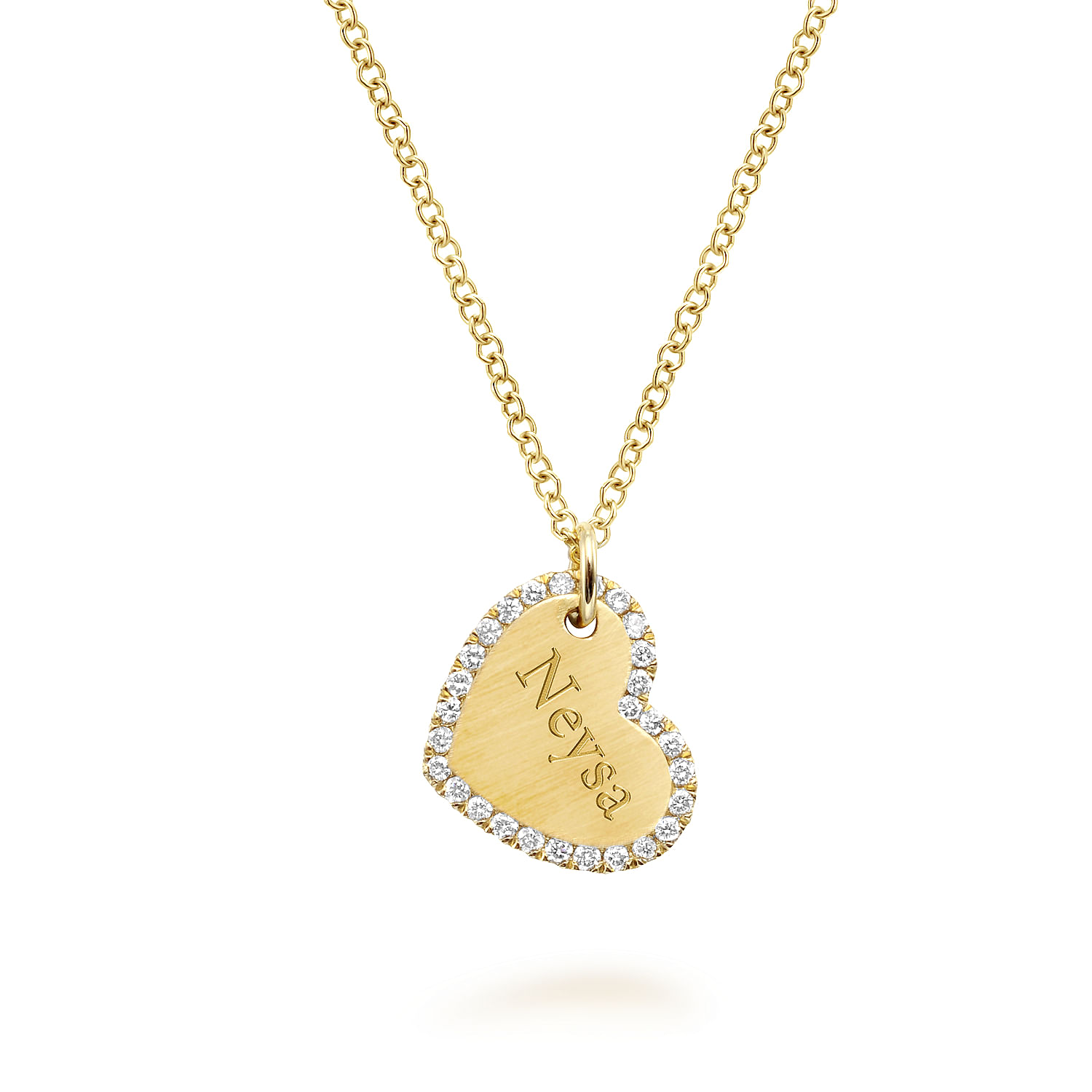 Sideways 14K Yellow Gold Engraved Heart Pendant Necklace with Diamond Frame