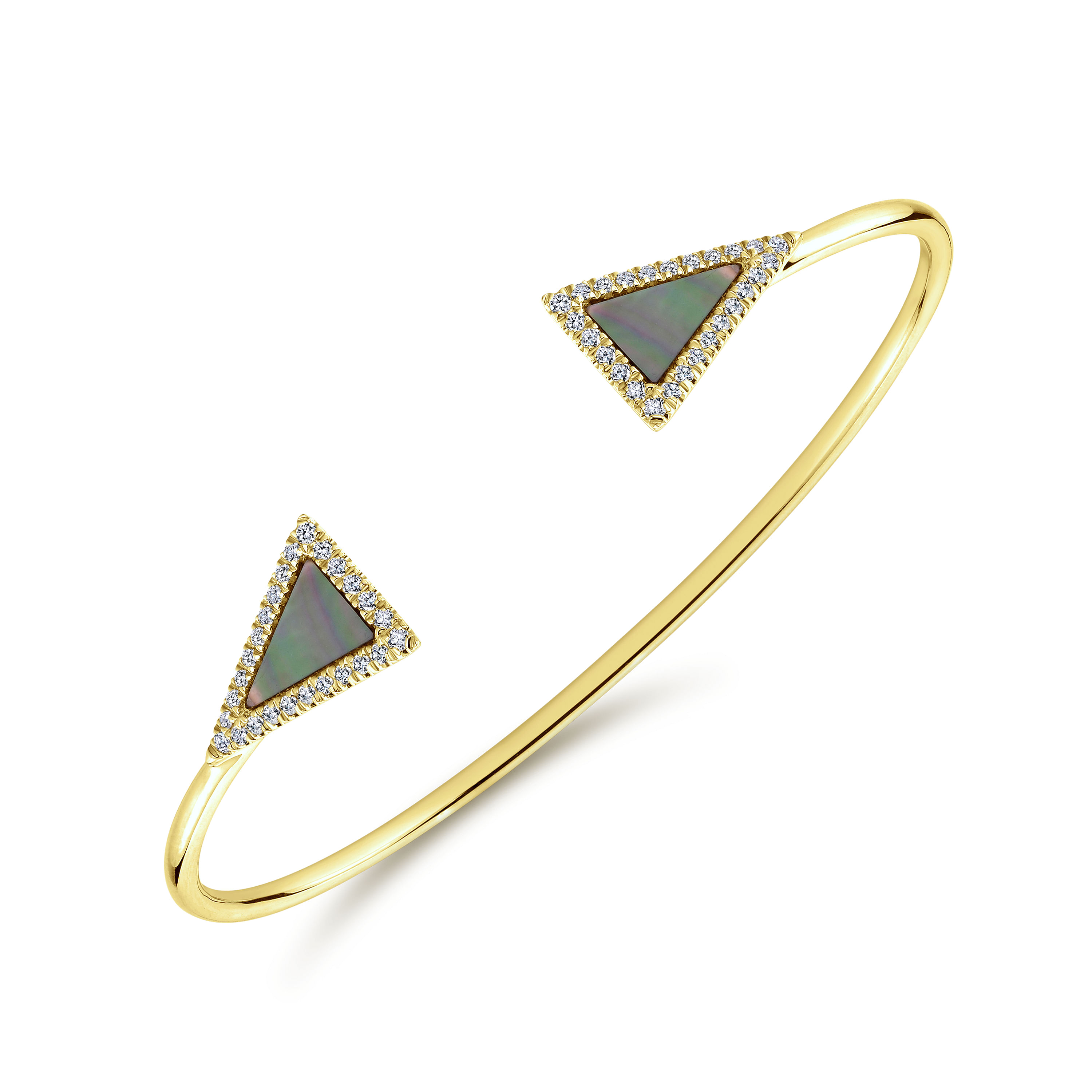 Split 14K Yellow Gold Bangle with Black Mother of Pearl and Diamond Triangles