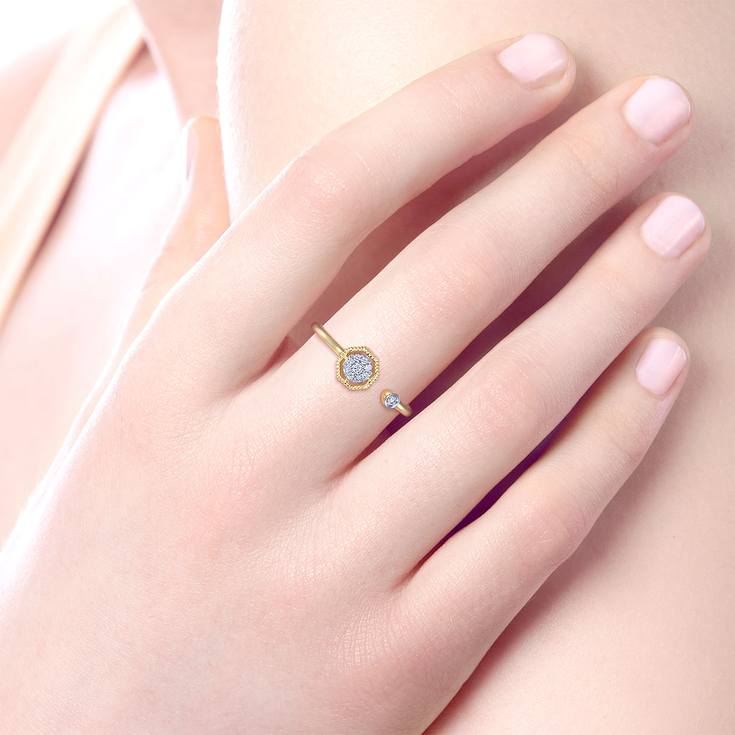 Split 14K Yellow Gold Diamond Ring with Pavé Hexagon and Bezel Stone