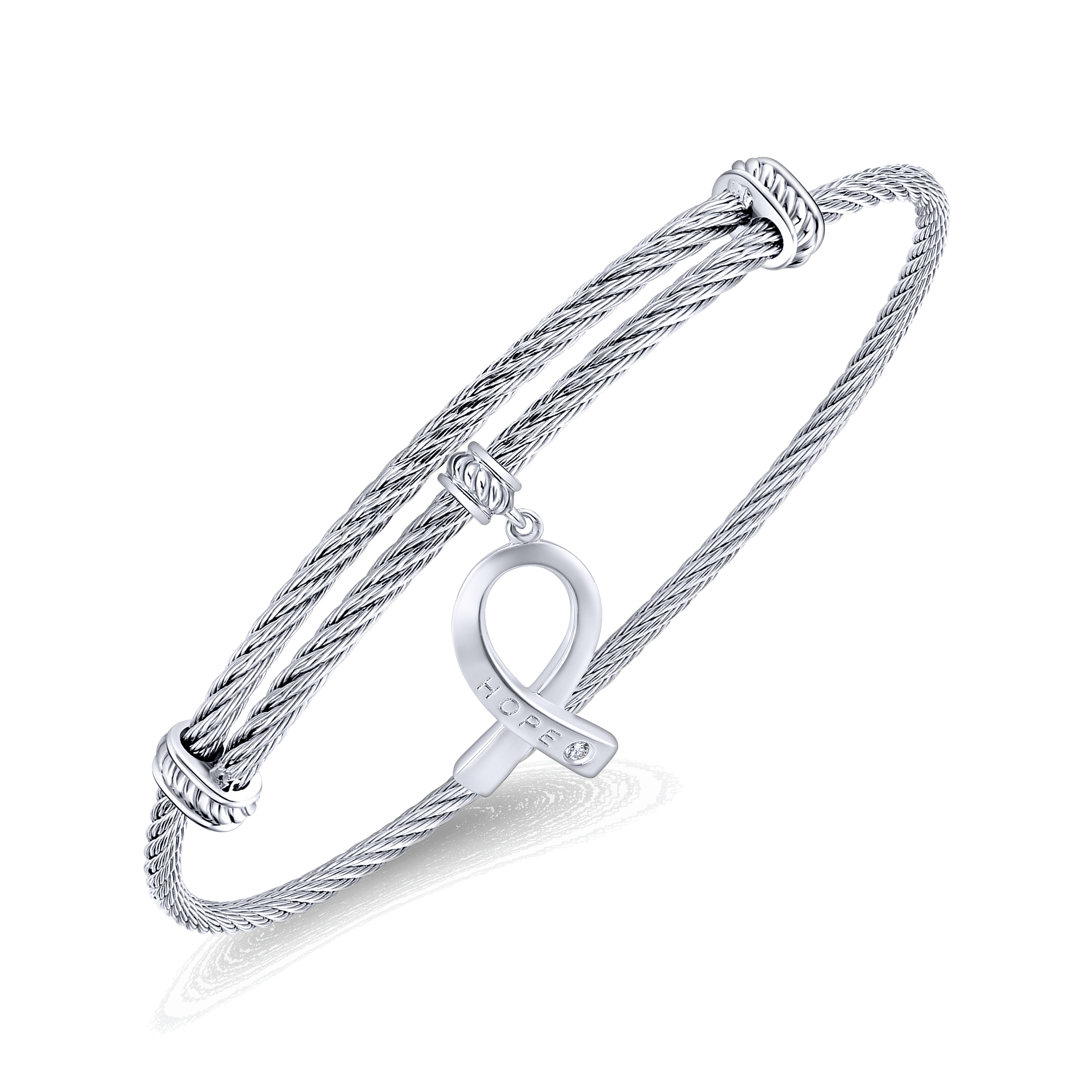 Stainless Steel Twisted Cable Bangle with Silver and White Sapphire 