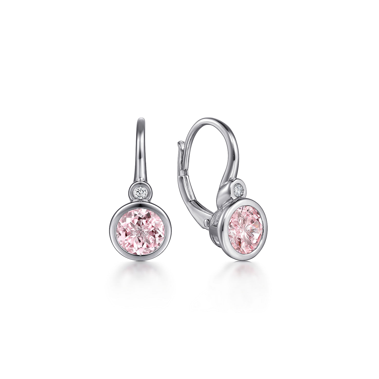 Sterling Silver   Pink Created Zircon and Diamond Leverback Earrings