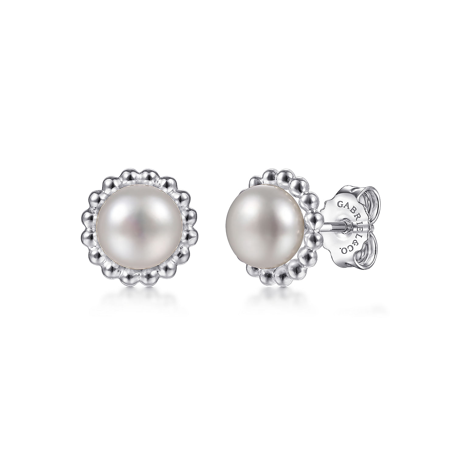 Sterling Silver  Pearl with Beaded Frame Stud Earrings