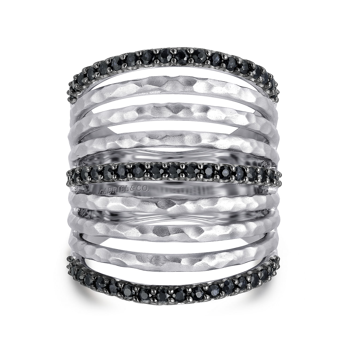Sterling Silver Hammered Black Spinel Layered Wide Band Ring
