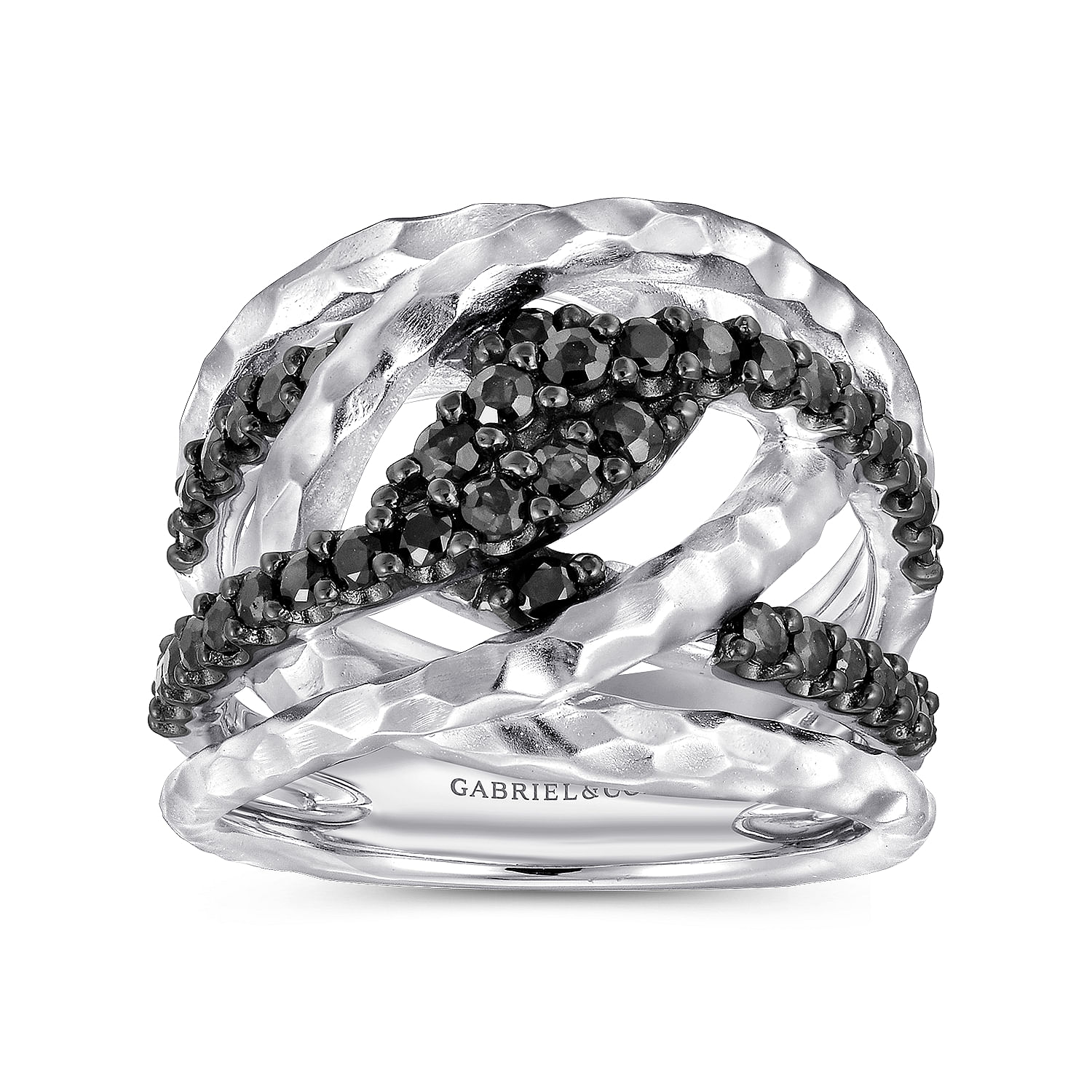Sterling Silver Hammered Twisted Black Spinel Ring
