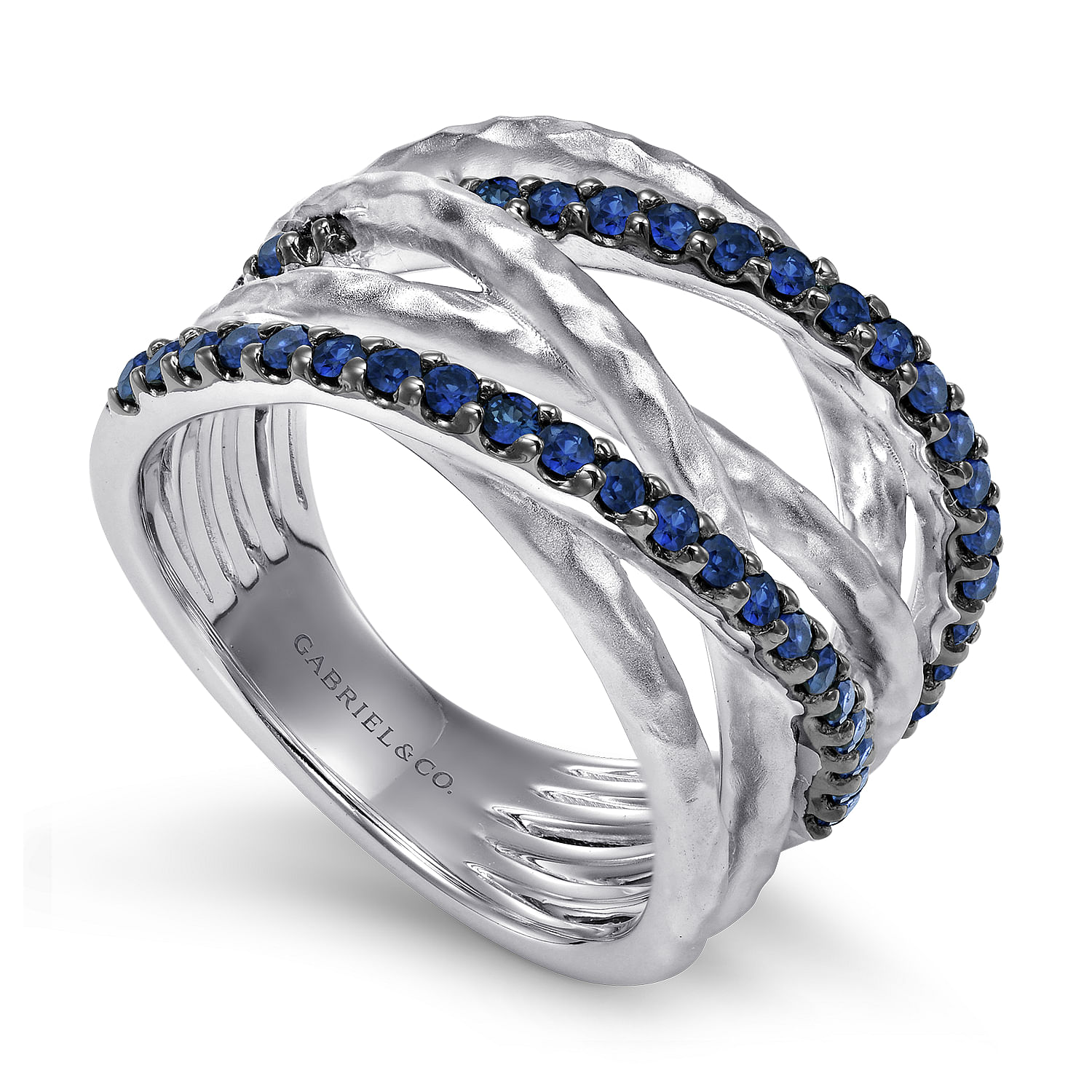 Sterling Silver Hammered Wide Band Layered Sapphire Ring