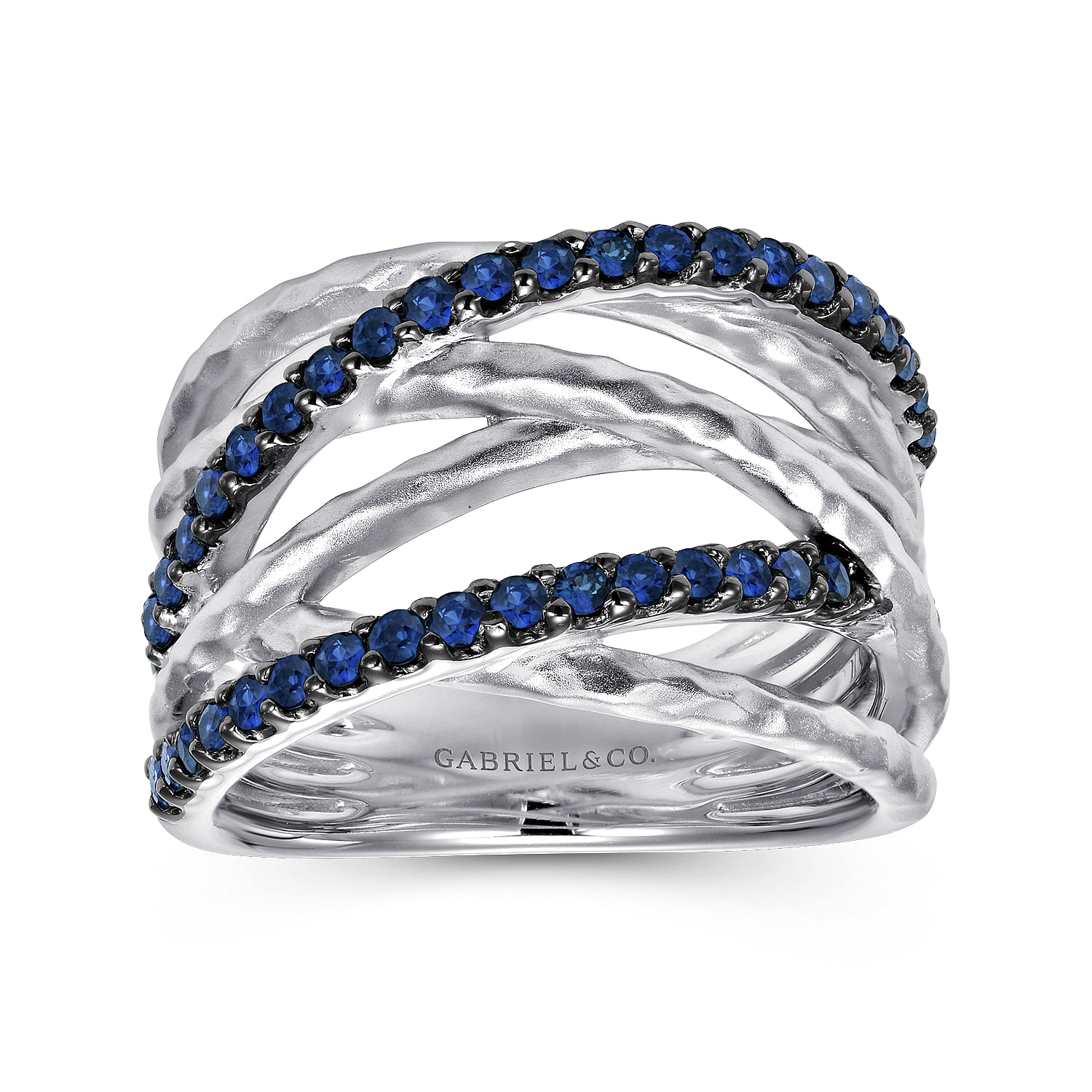 Sterling Silver Hammered Wide Band Layered Sapphire Ring