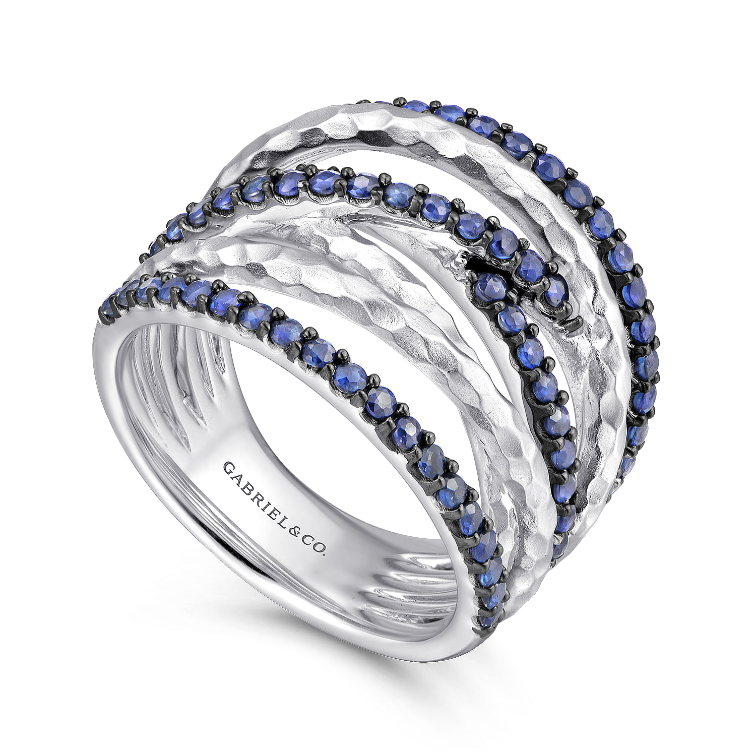 Sterling Silver Hammered Wide Band Sapphire Layered Ring