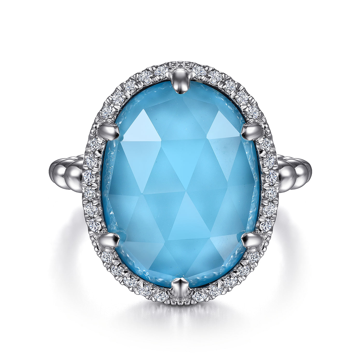 Sterling Silver Oval Rock Crystal and Turquoise Ring with White Sapphire Halo