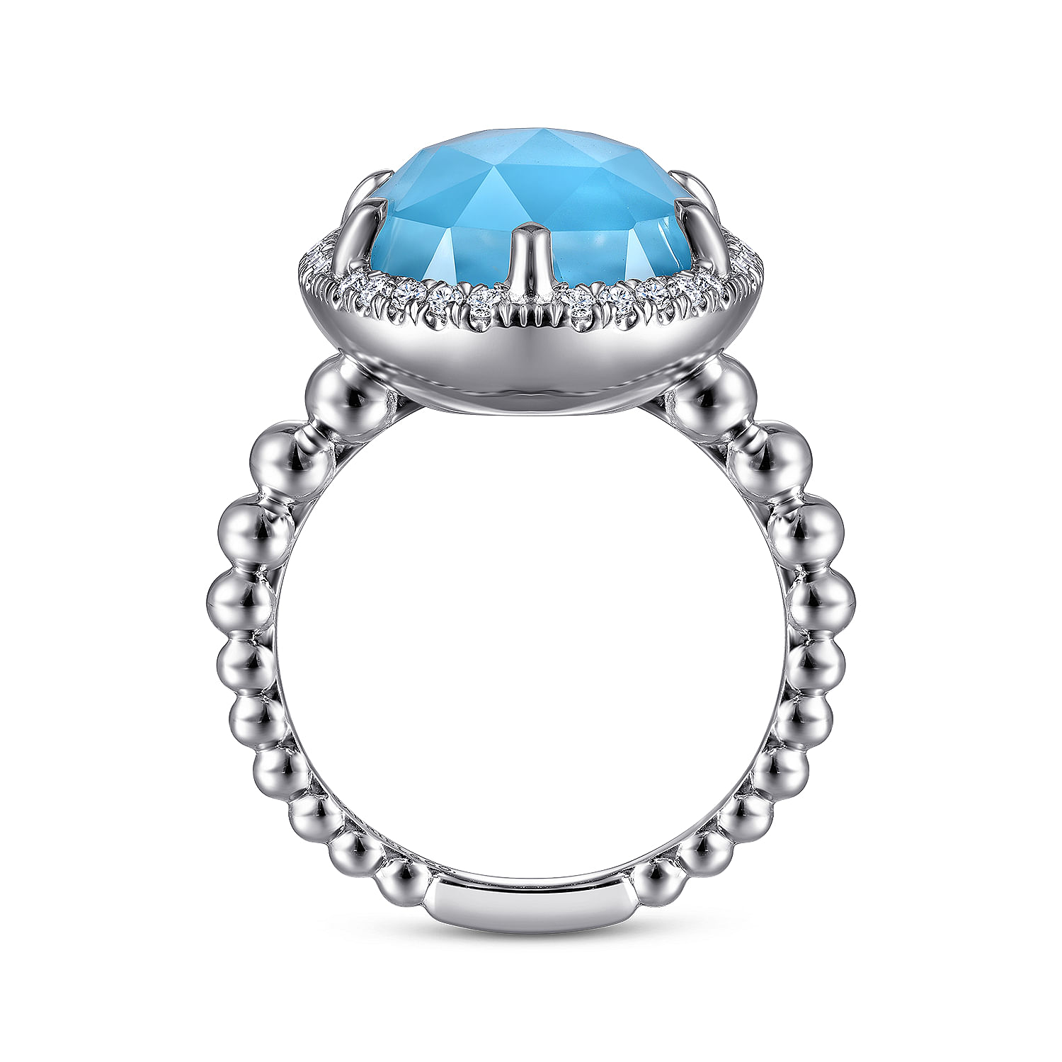 Sterling Silver Oval Rock Crystal and Turquoise Ring with White Sapphire Halo