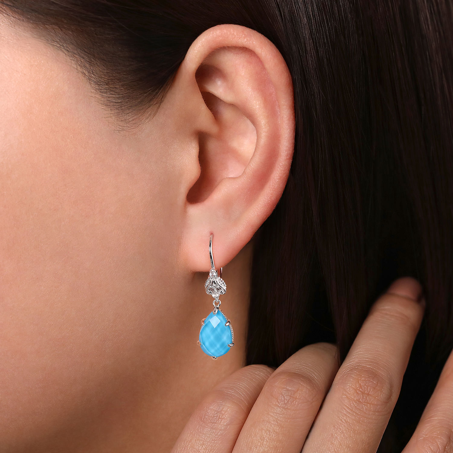 Sterling Silver Rock Crystal/Turquoise Teardrop Earrings with White Sapphire Tops