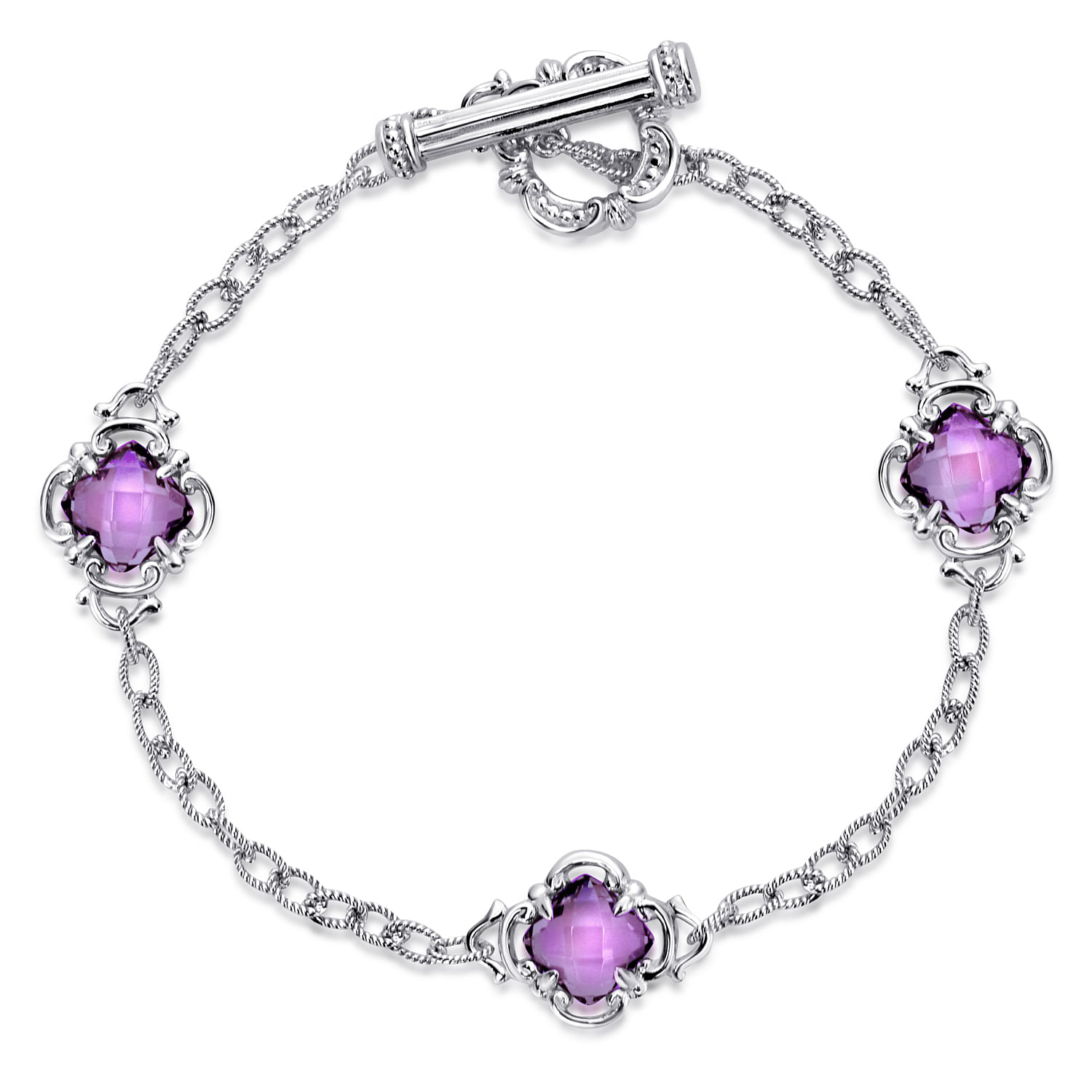 Sterling Silver Toggle Bracelet with Amethyst Clover Stations