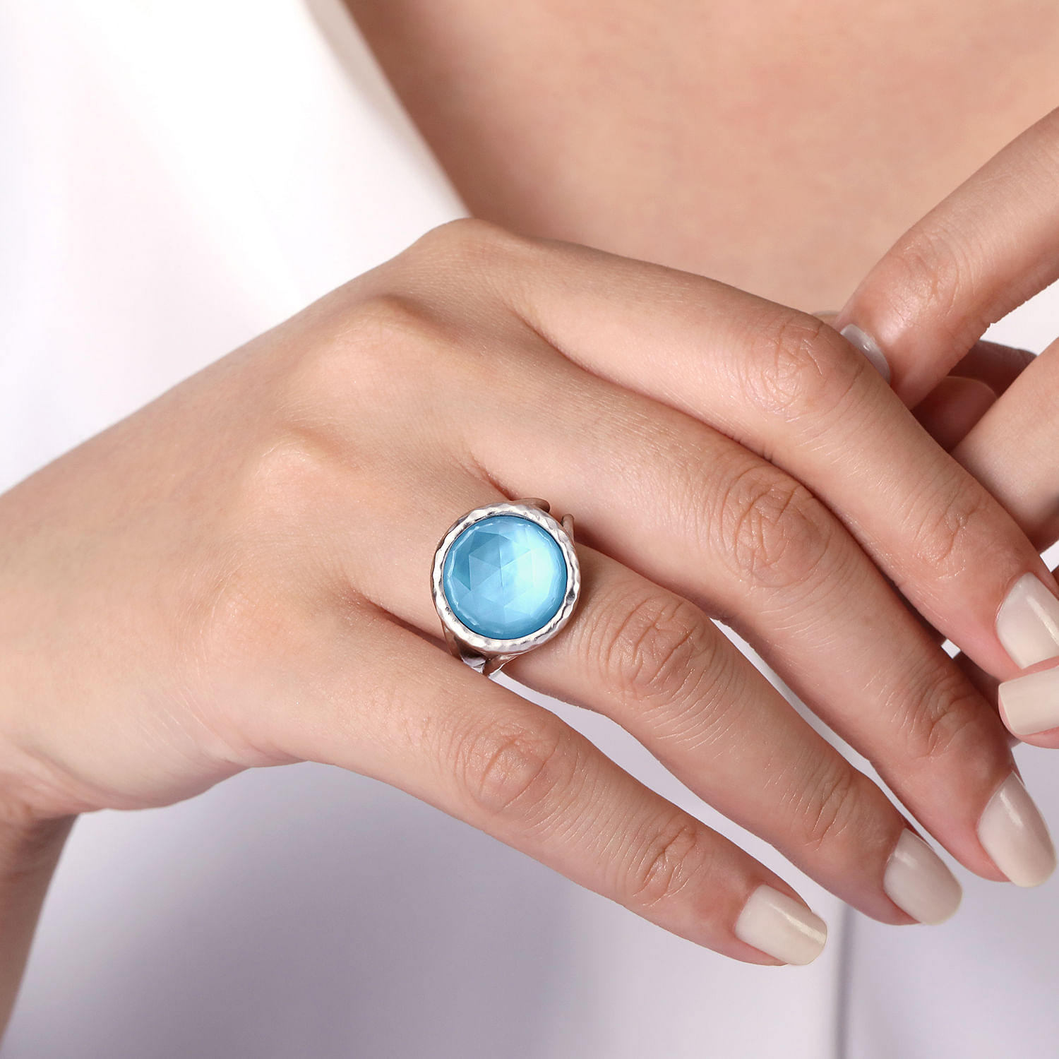 Sterling Silver with Round Rock Crystal/White Mother of Pearl and Turquoise Leverback Ring