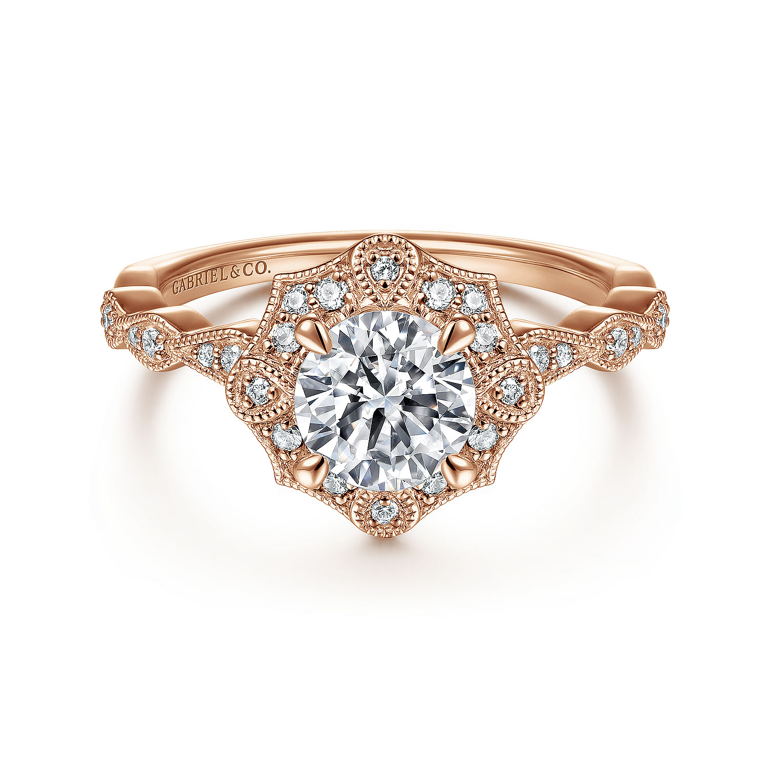 Unique 14K Rose Gold Art Deco Halo Diamond Engagement Ring