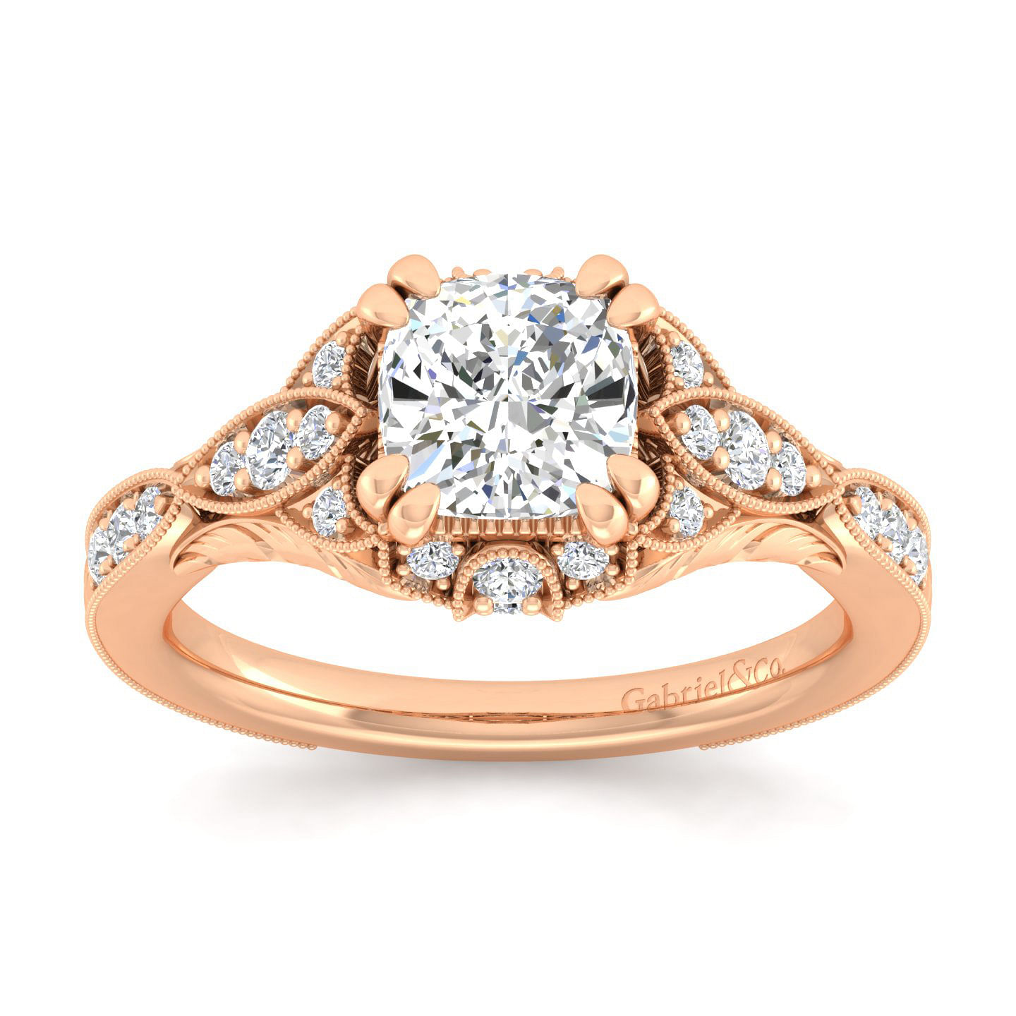Unique 14K Rose Gold Vintage Inspired Cushion Cut Diamond Halo Engagement Ring