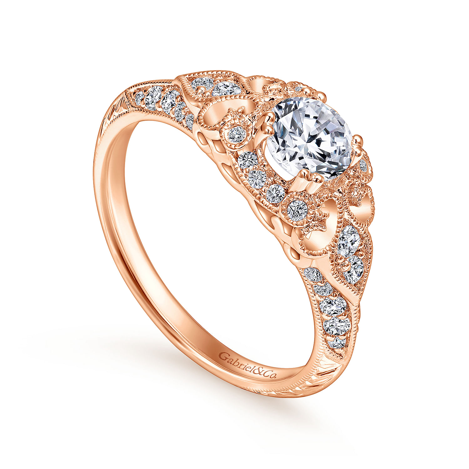 Unique 14K Rose Gold Vintage Inspired Diamond Halo Engagement Ring