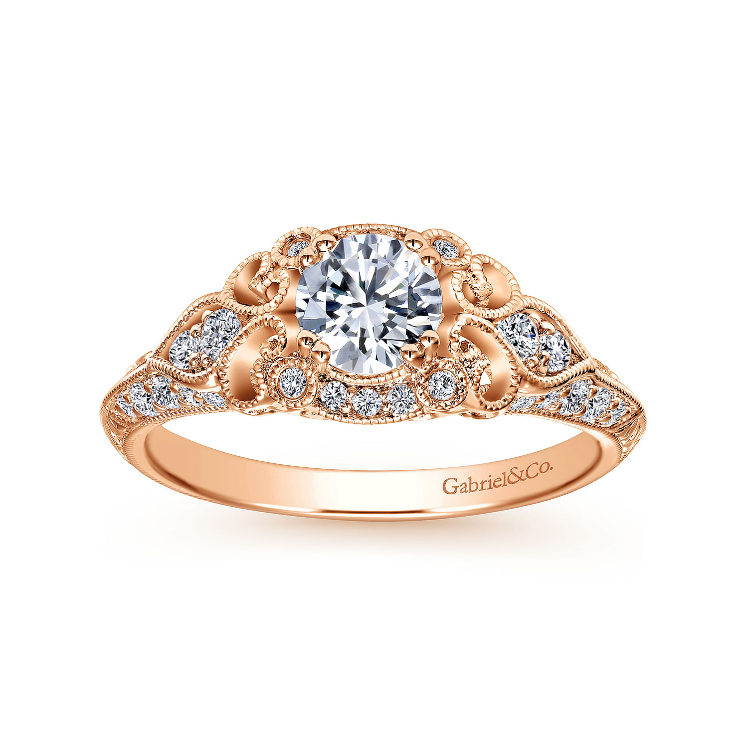 Unique 14K Rose Gold Vintage Inspired Diamond Halo Engagement Ring
