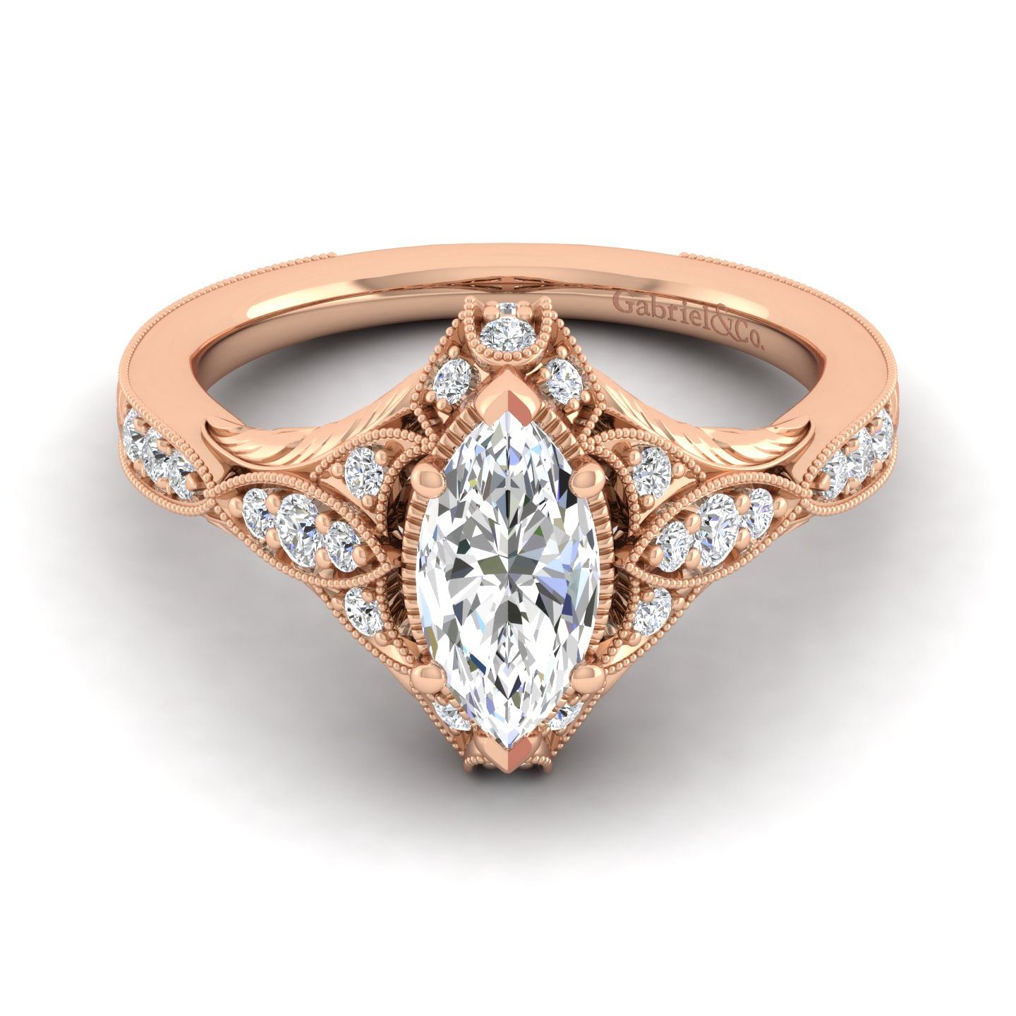 Unique 14K Rose Gold Vintage Inspired Marquise Shape Diamond Halo Engagement Ring