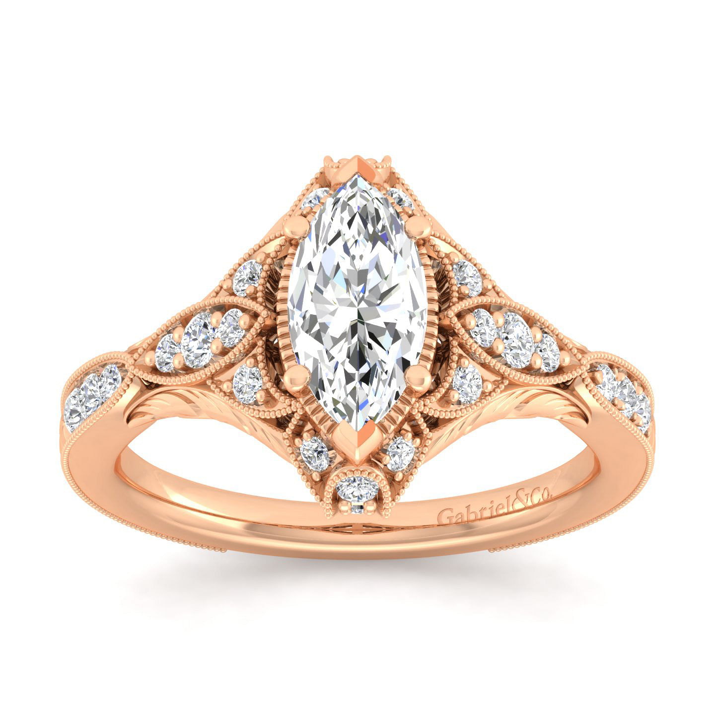 Unique 14K Rose Gold Vintage Inspired Marquise Shape Diamond Halo Engagement Ring